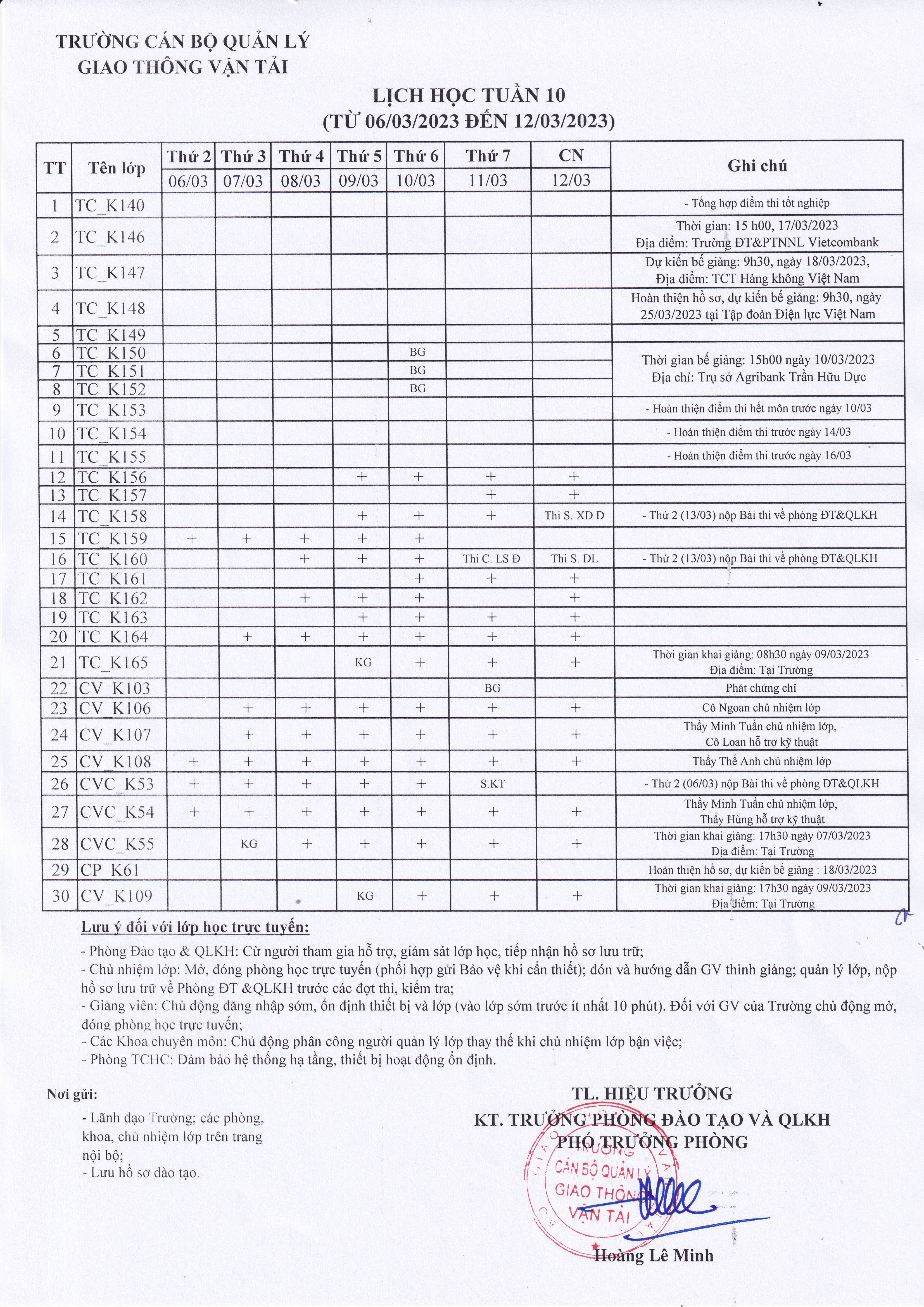 Lịch học tuần 10 (từ 06/3/2023 đến 12/3/2023)