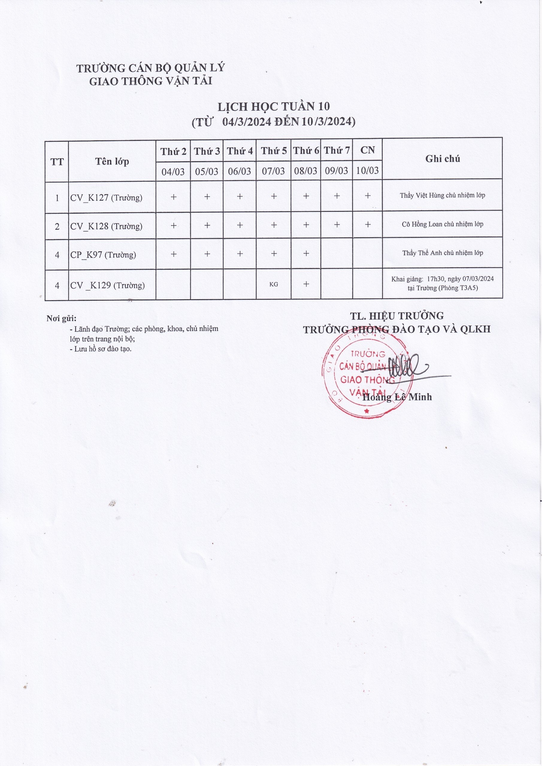 Lịch học tuần 10 từ 04/3/2024 đến 10/3/2024
