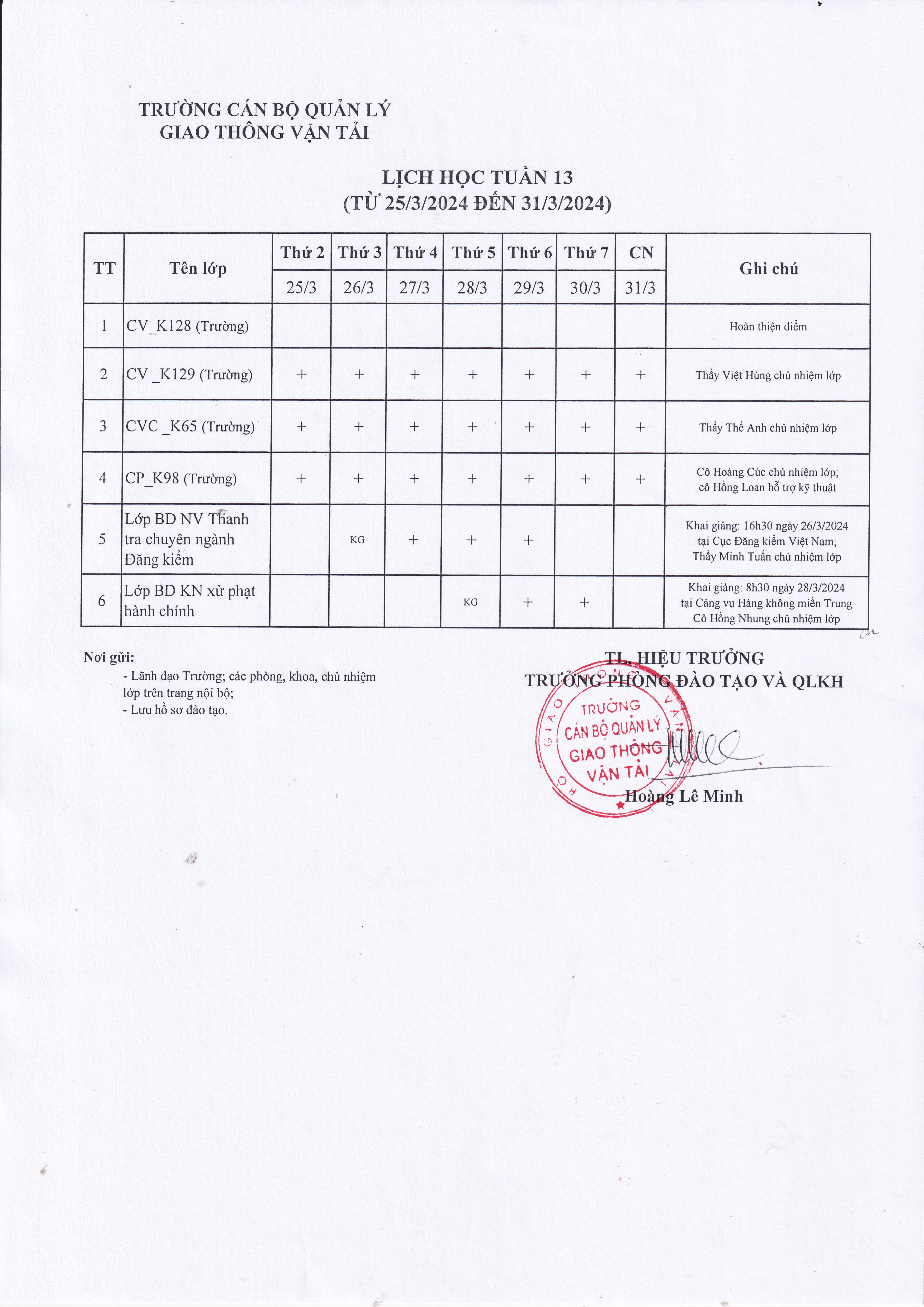 Lịch học tuần 13 từ 25/3/2024 đến 31/3/2024