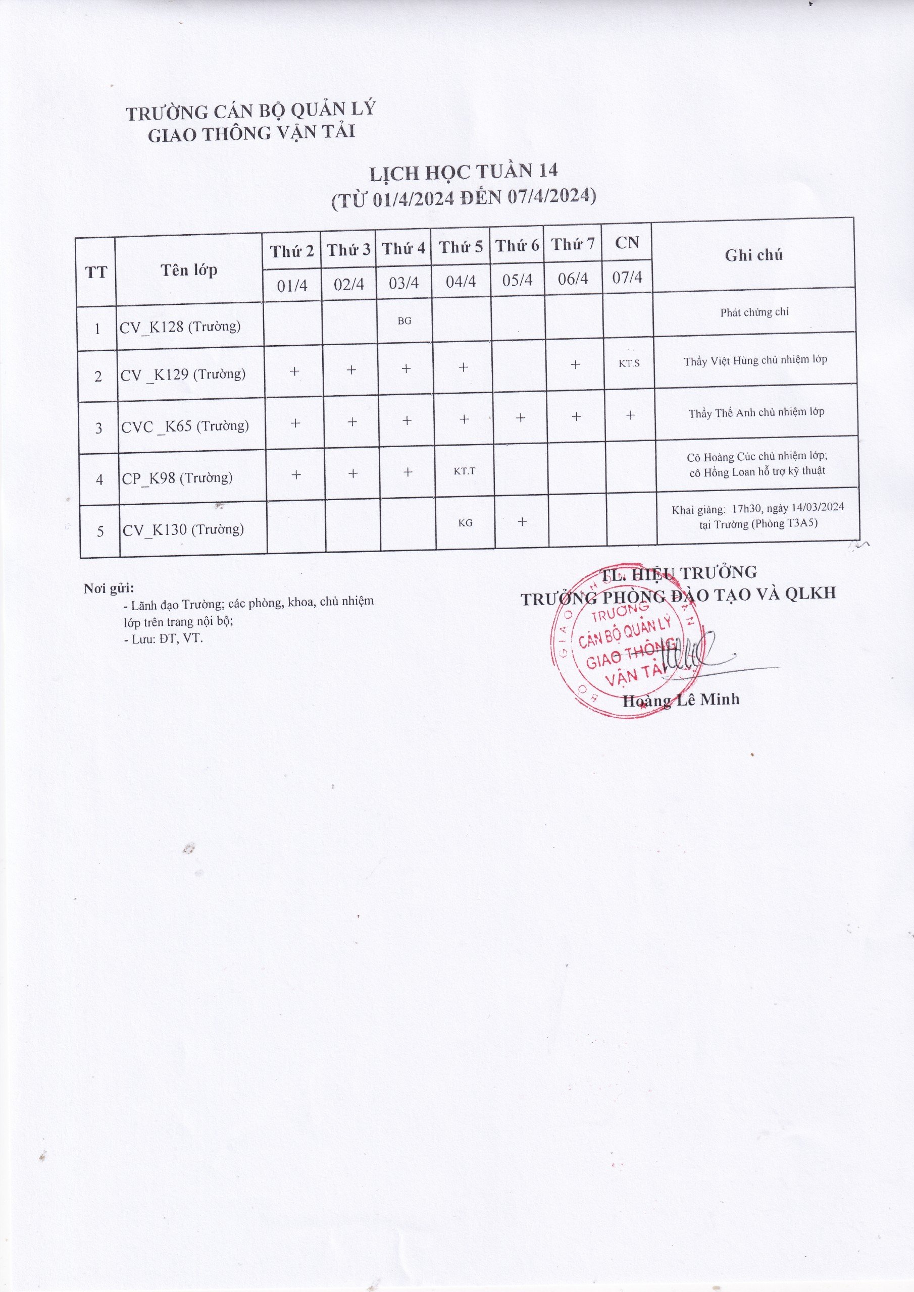 Lịch học tuần 14 từ 01/4/2024 đến 07/4/2024