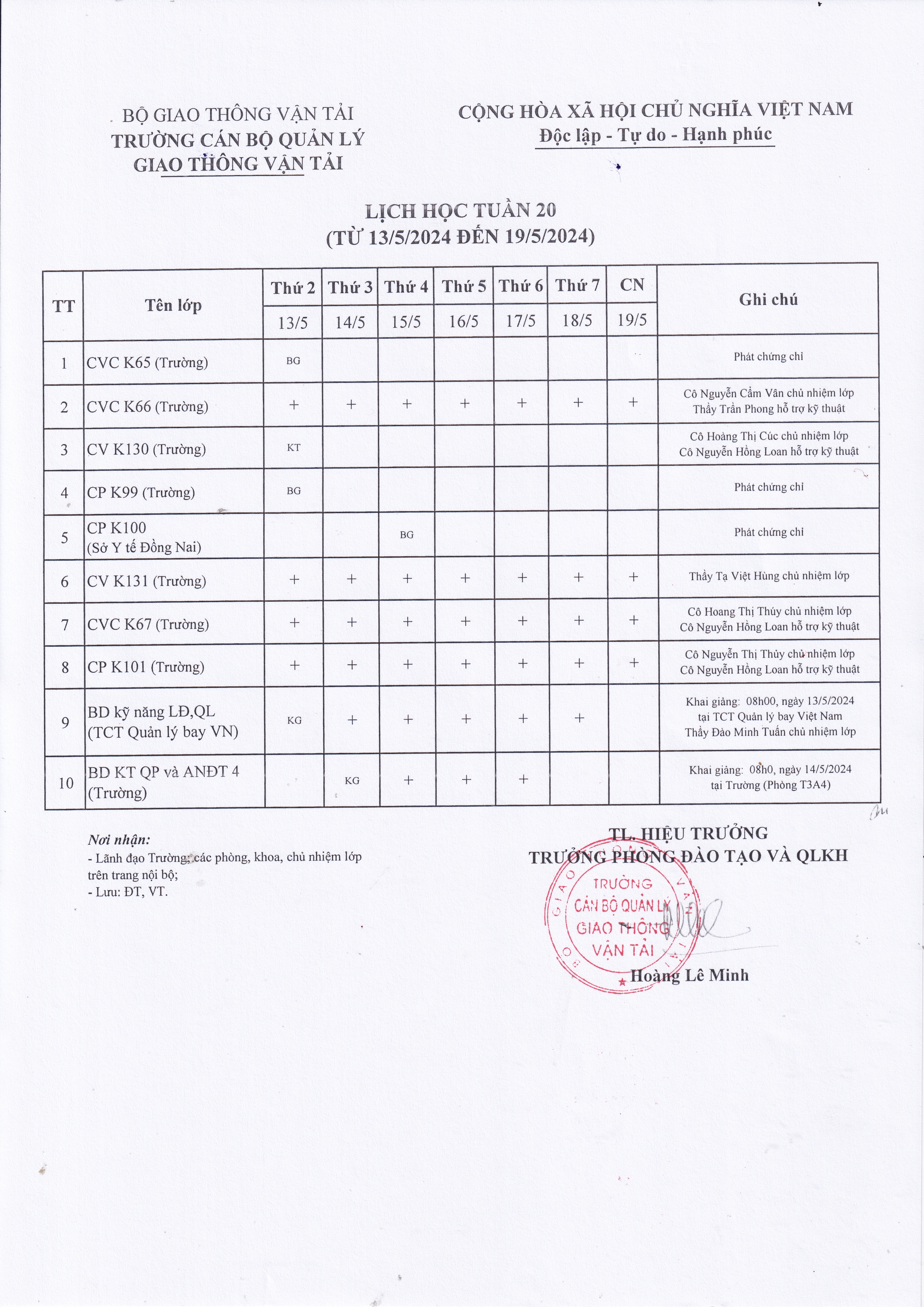 Lịch học tuần 20 từ 13/5/2024 đến 19/5/2024
