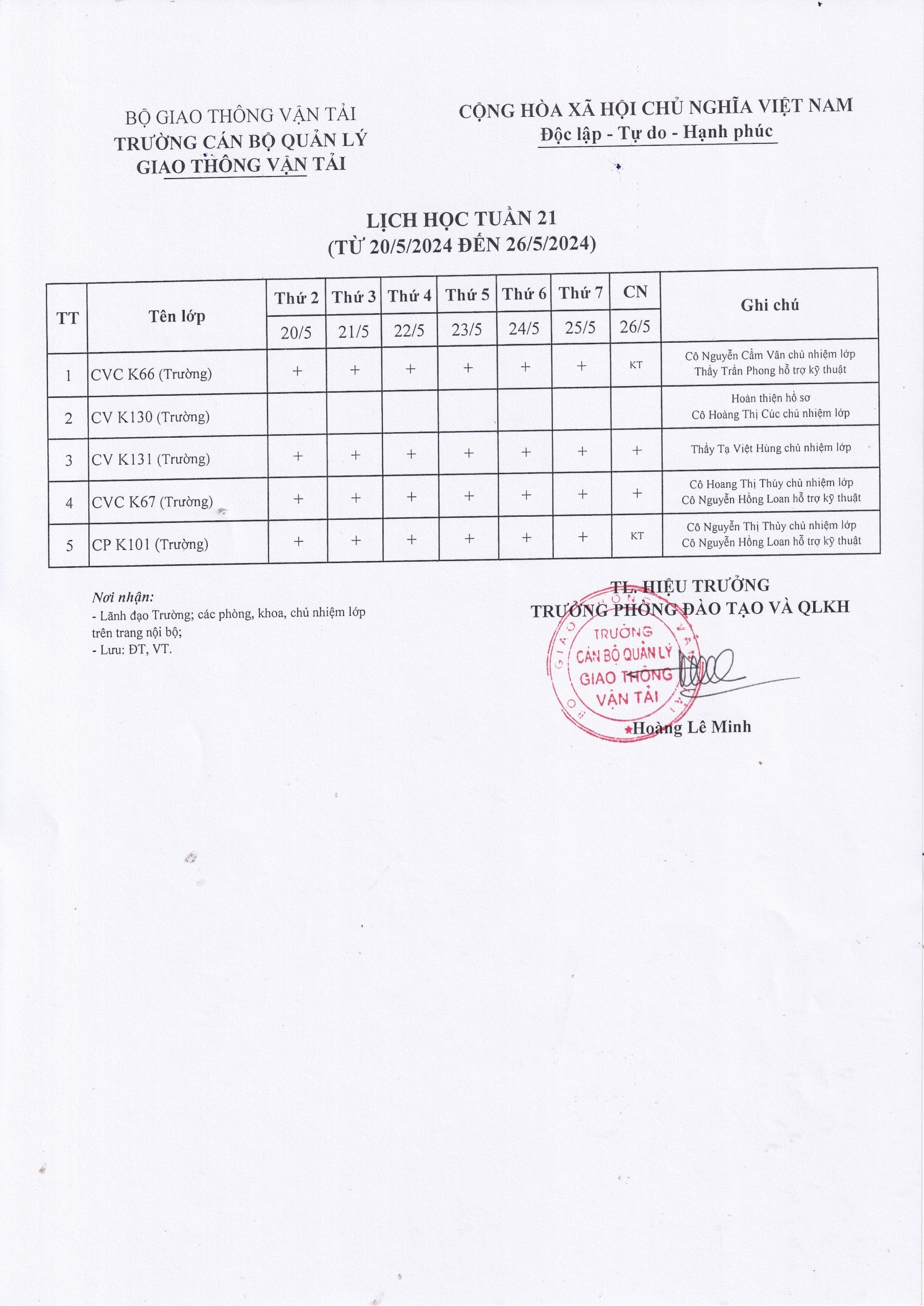Lịch học tuần 21 từ 20/5/2024 đến 26/5/2024