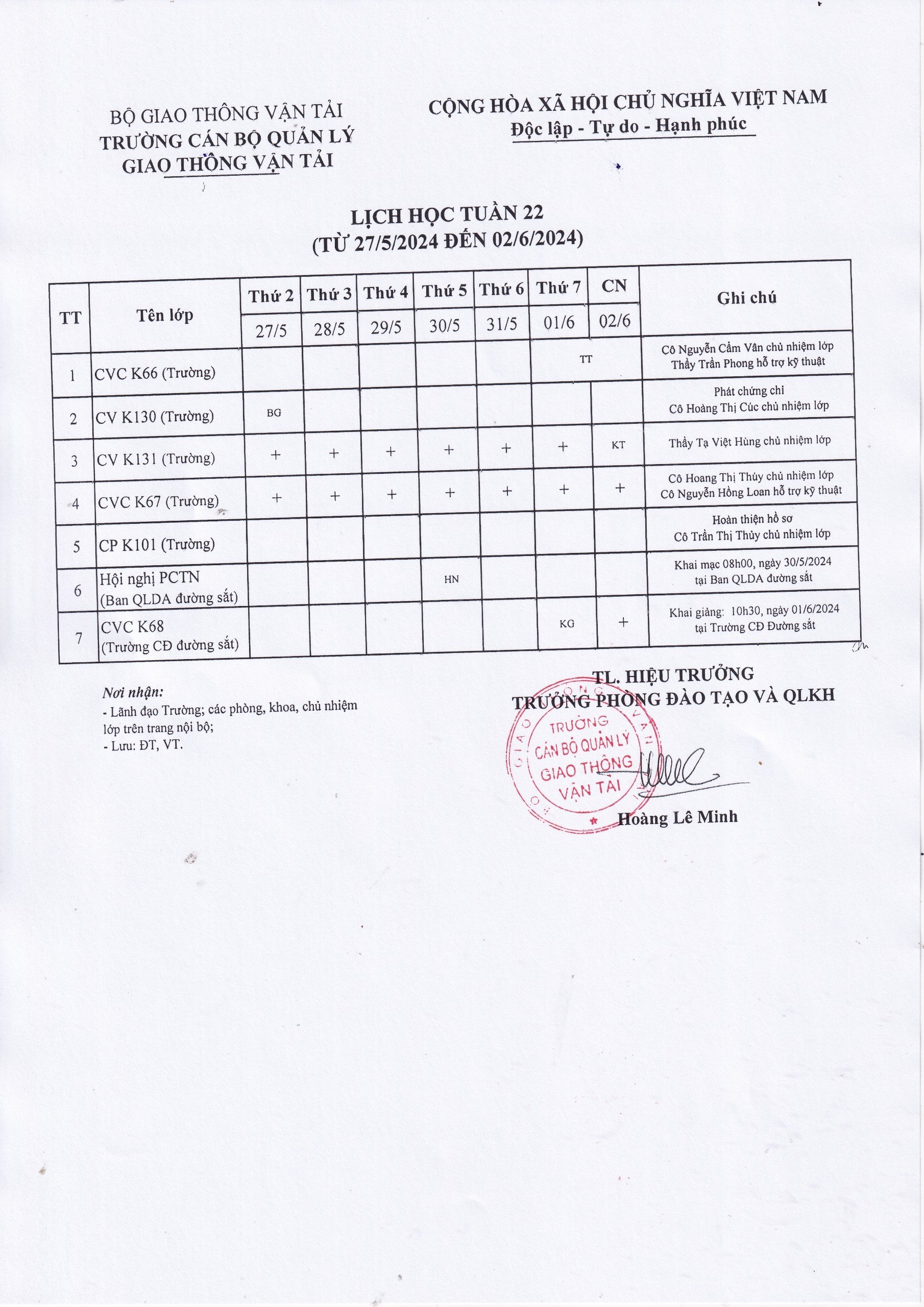 Lịch học tuần 22 từ 27/5/2024 đến 02/6/2024