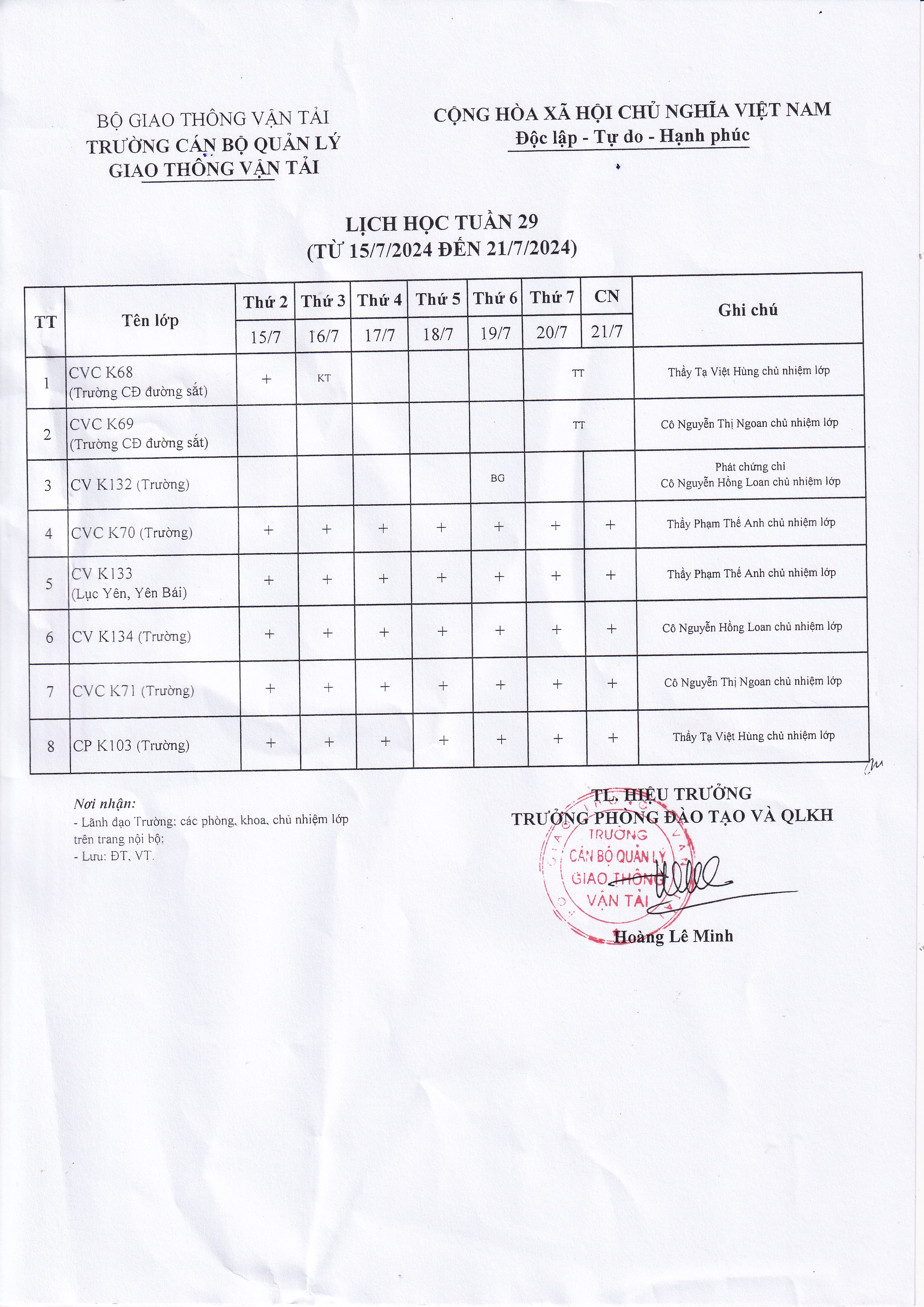 Lịch học tuần 29 từ 15/7/2024 đến 21/7/2024