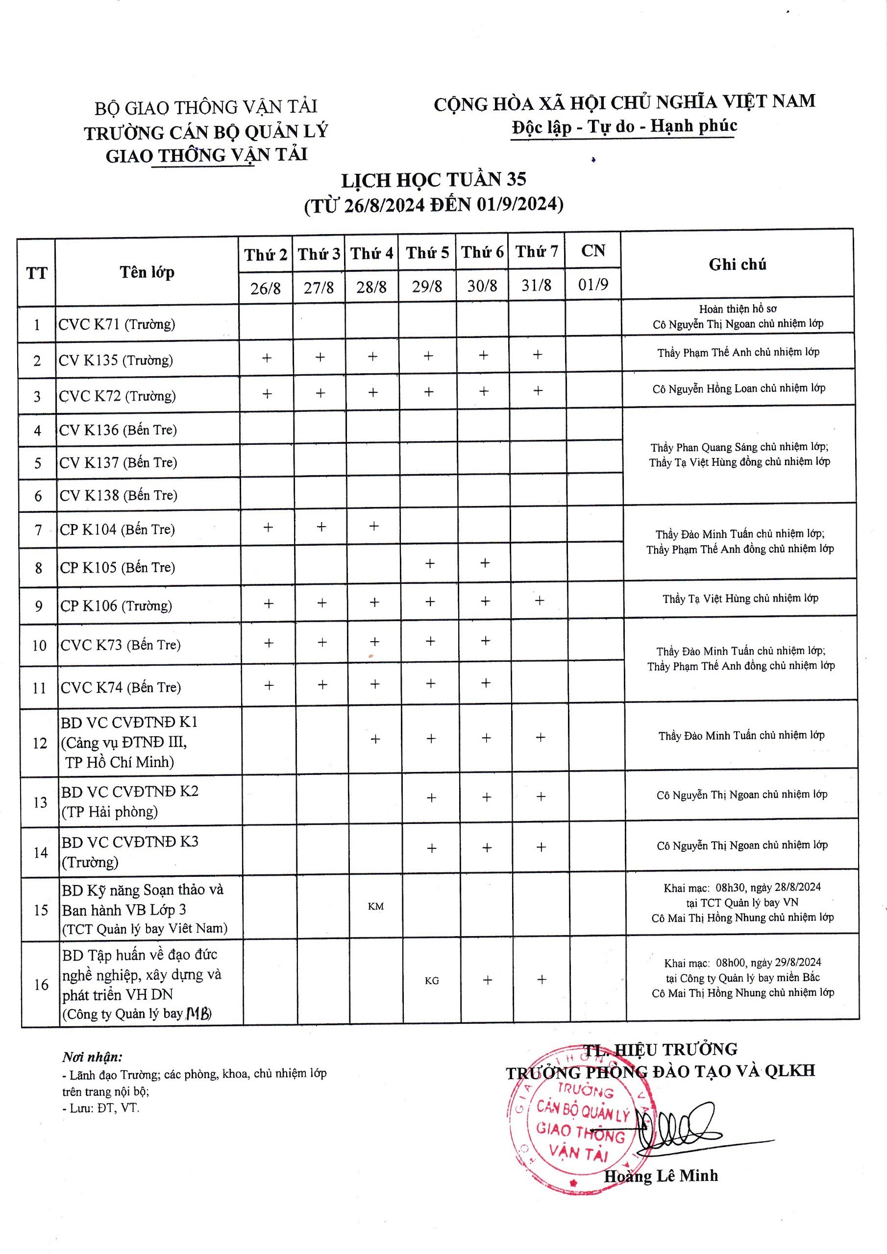 Lịch học tuần 35 từ 26/8/2024 đến 01/9/2024