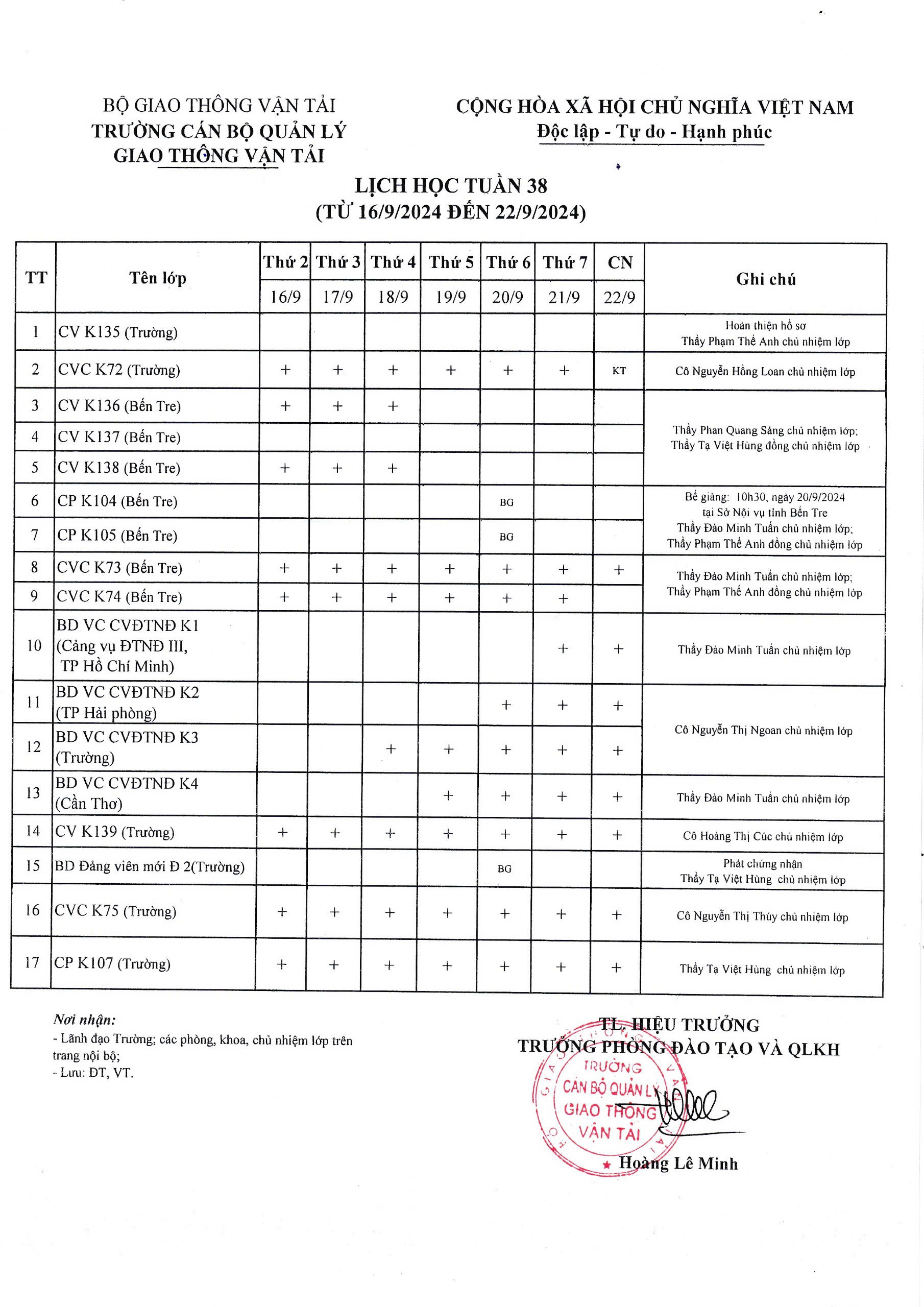 Lịch học tuần 38 từ 16/9/2024 đến 22/9/2024