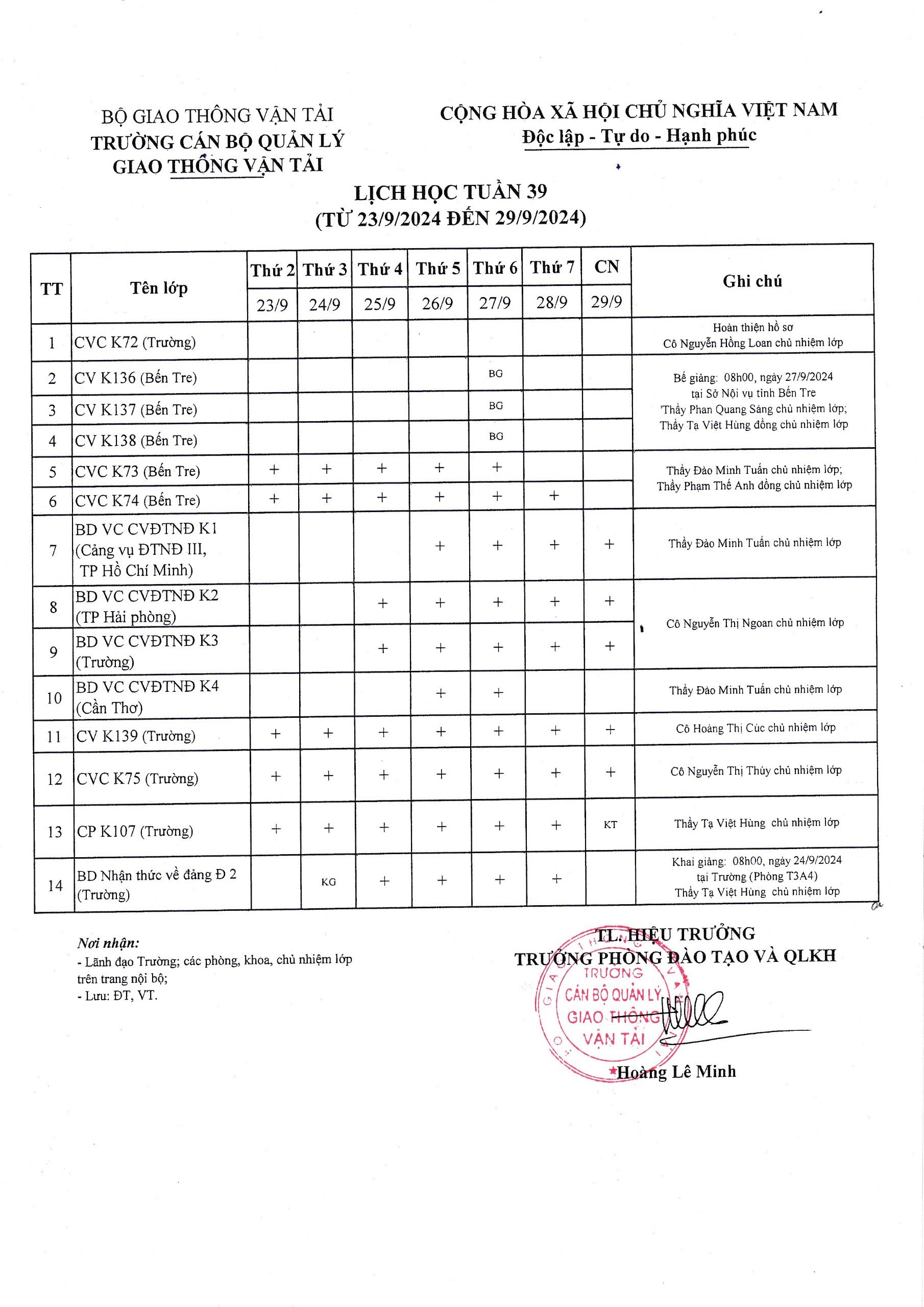 Lịch học tuần 39 từ 23/9/2024 đến 29/9/2024
