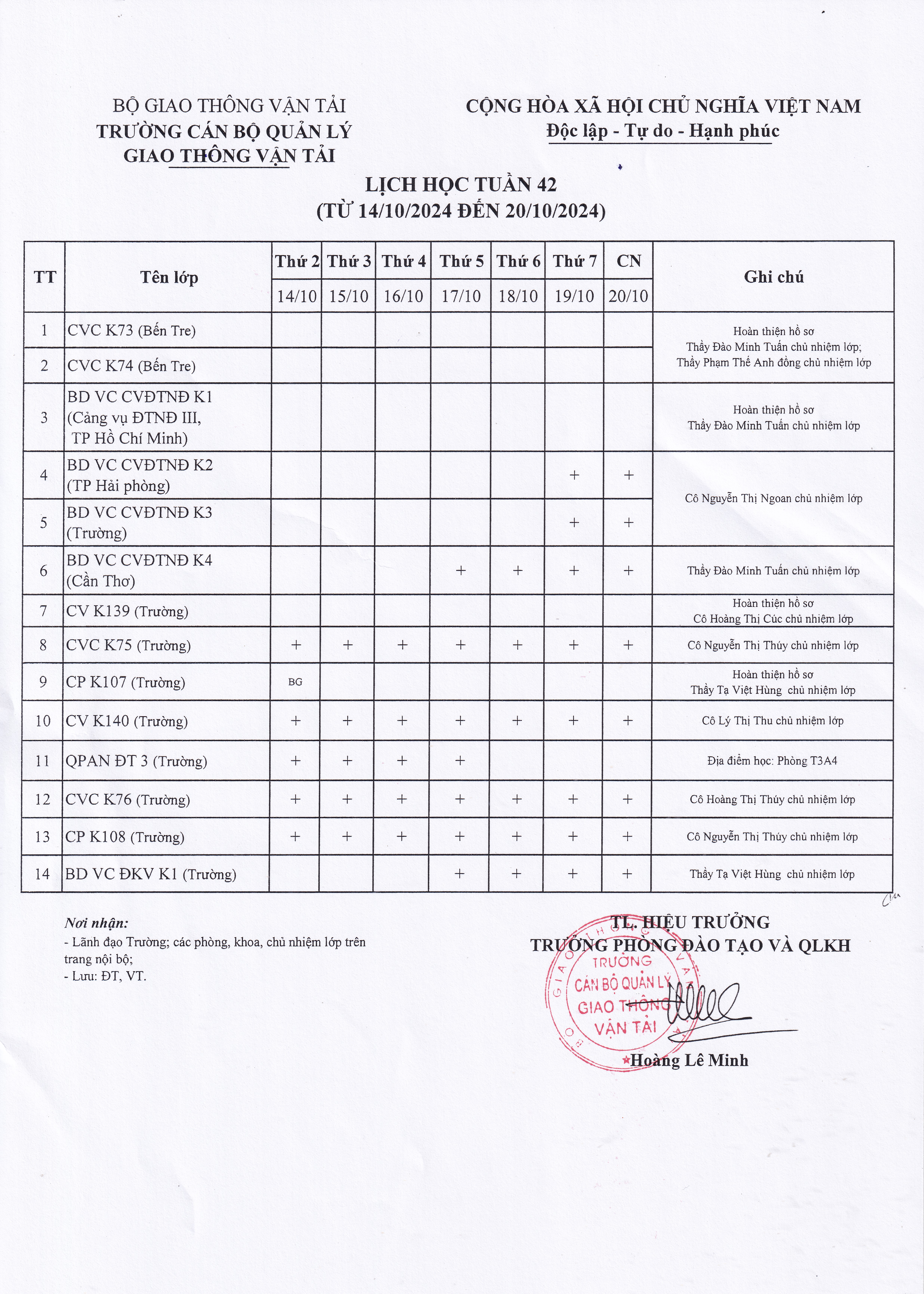 Lịch học tuần 42 từ 14/10/2024 đến 20/10/2024