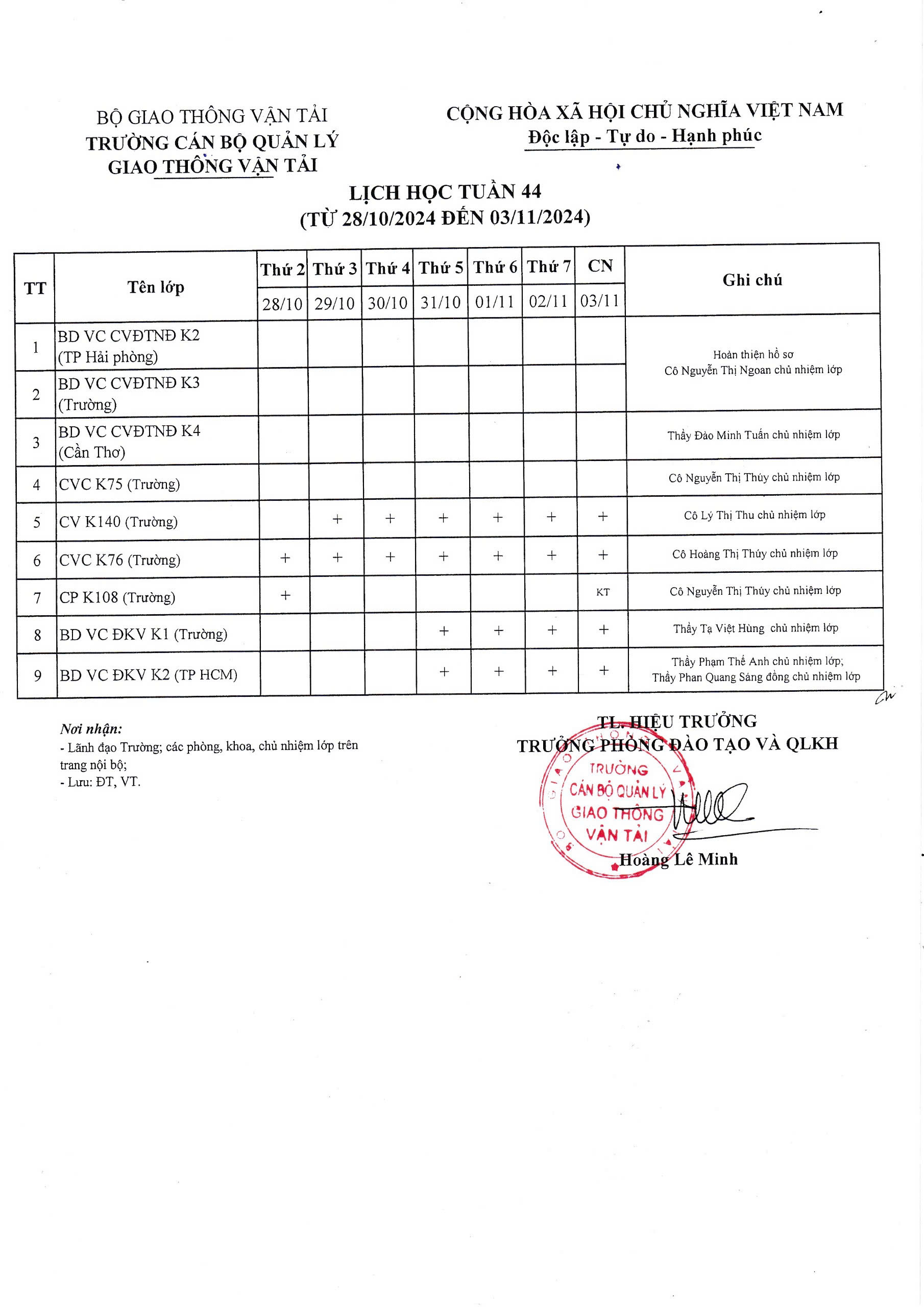 Lịch học tuần 44 từ 28/10/2024 đến 03/11/2024