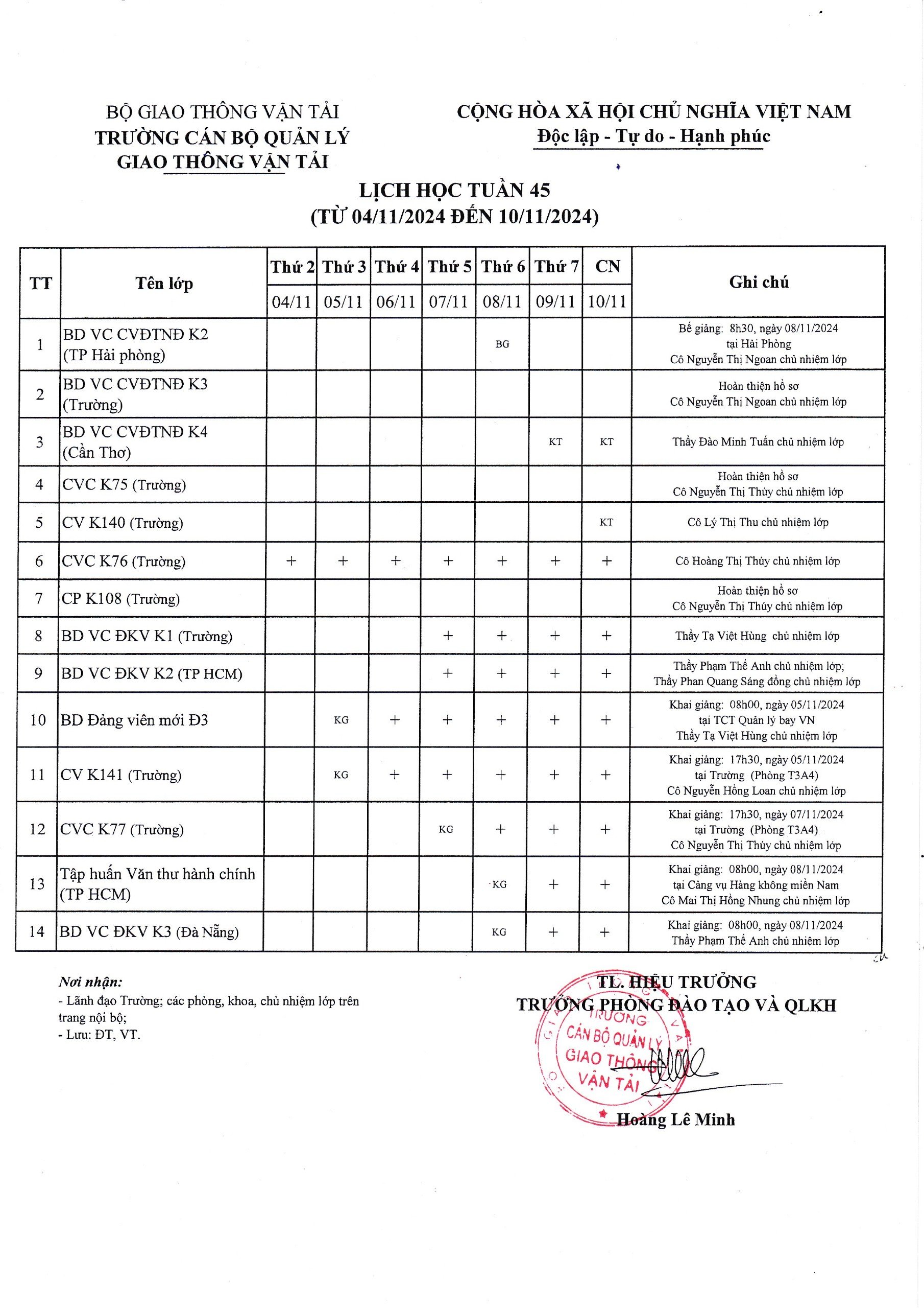 Lịch học tuần 45 từ 04/11/2024 đến 10/11/2024