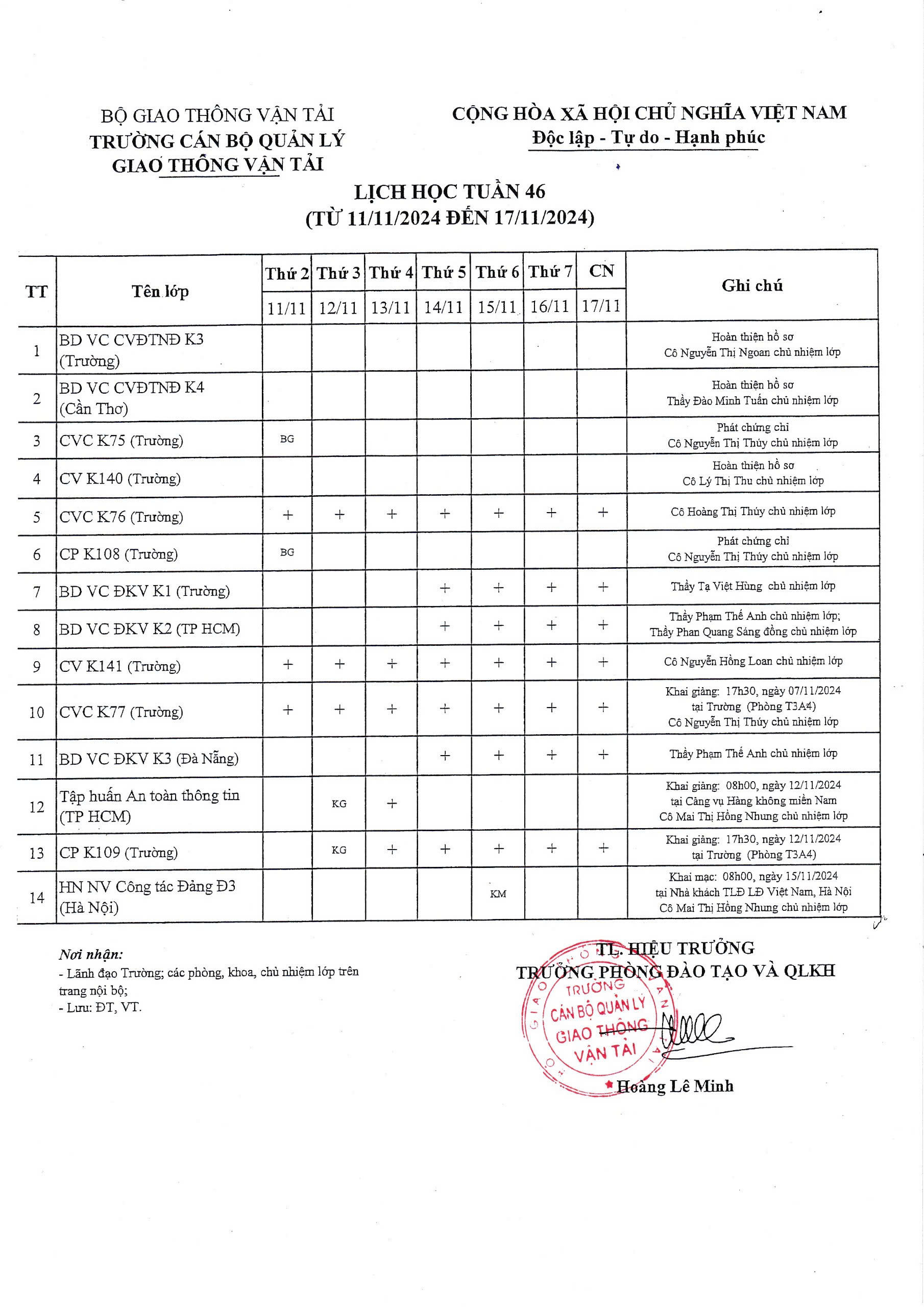 Lịch học tuần 46 từ 11/11/2024 đến 17/11/2024