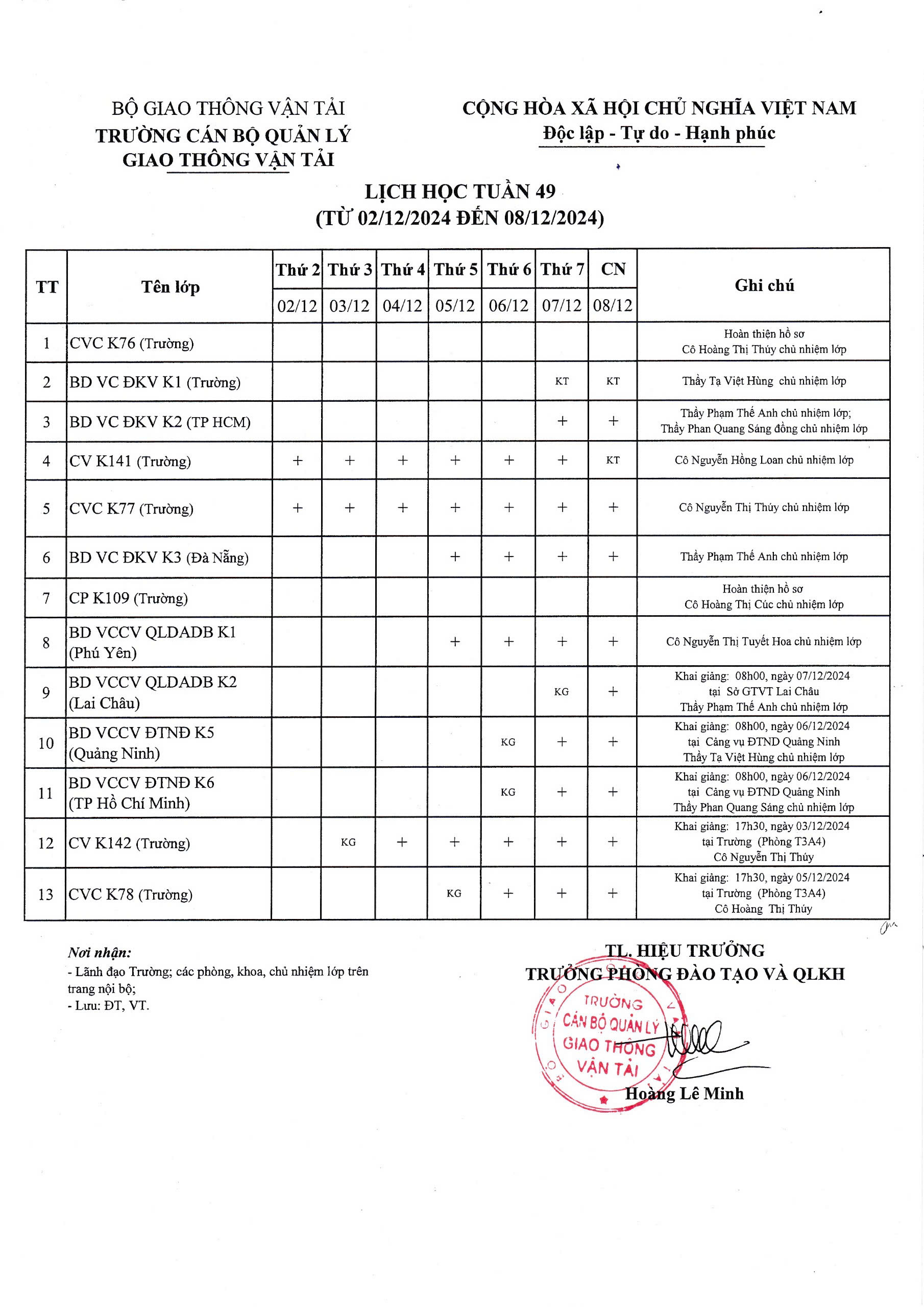Lịch học tuần 49 từ 02/12/2024 đến 08/12/2024