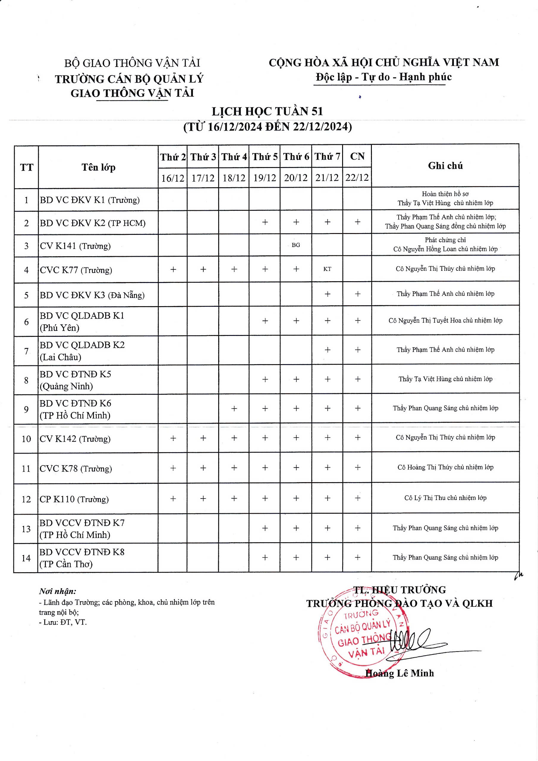Lịch học tuần 51 từ 16/12/2024 đến 22/12/2024