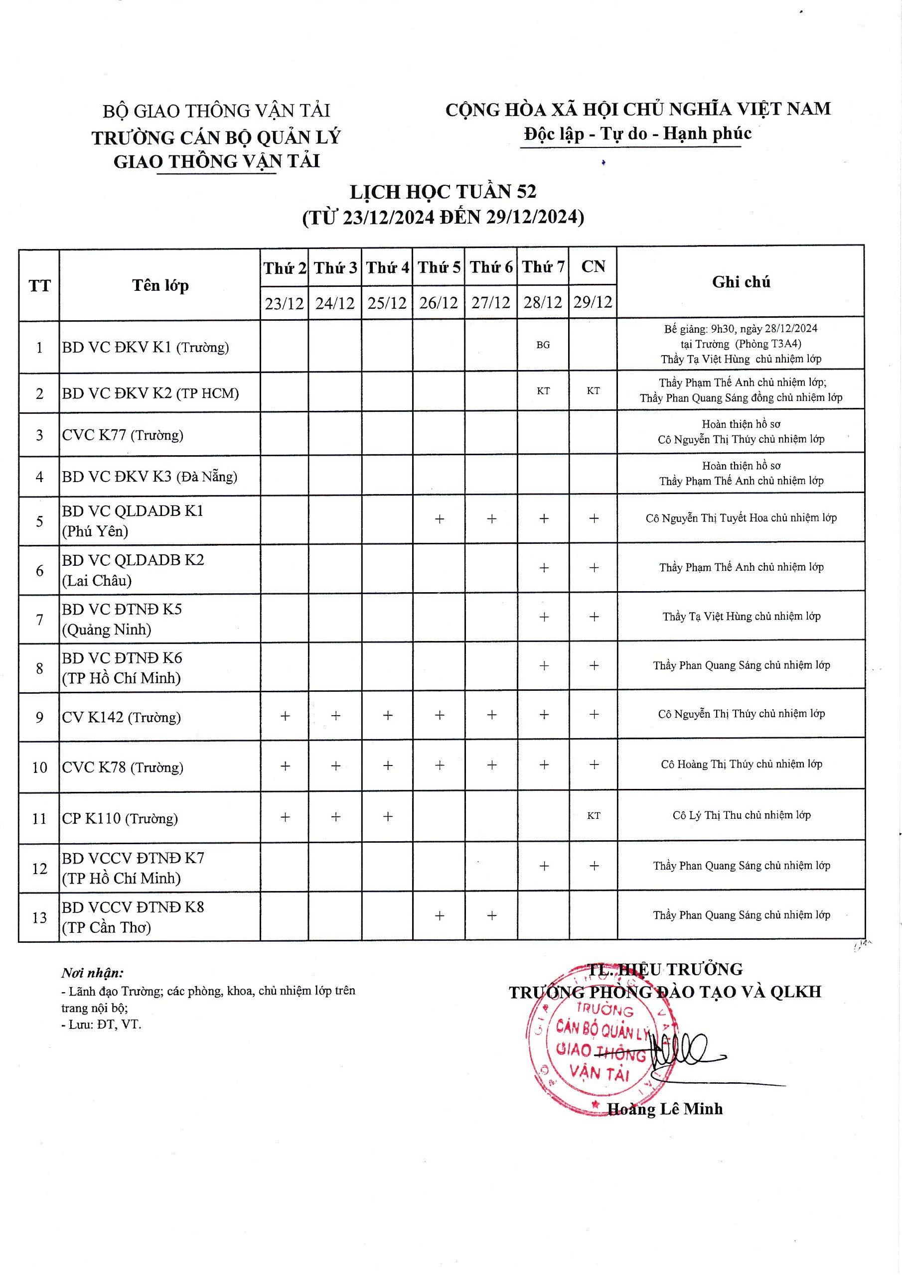 Lịch học tuần 52 từ 23/12/2024 đến 29/12/2024
