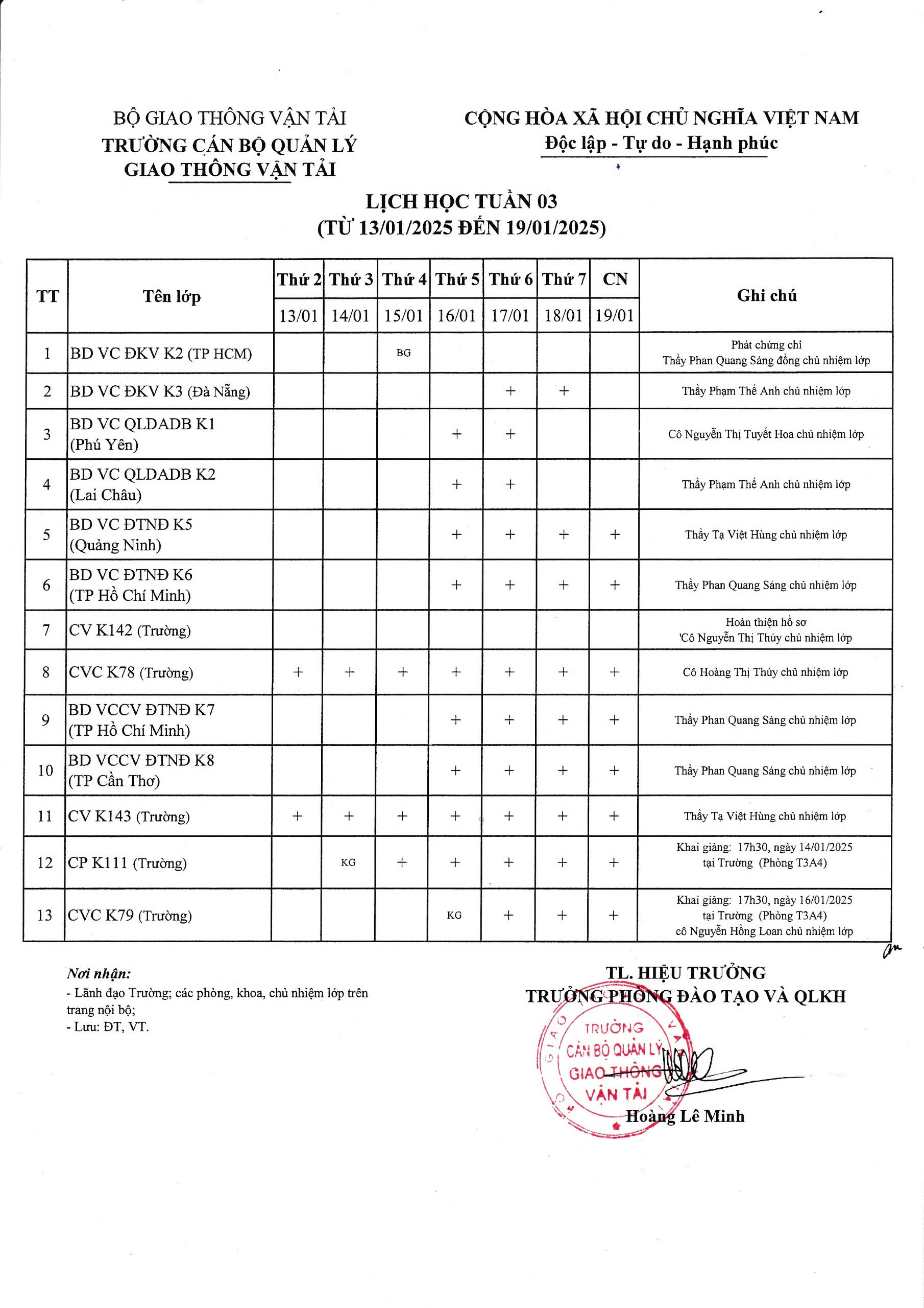 Lịch học tuần 03 từ 13/01/2025 đến 19/01/2025
