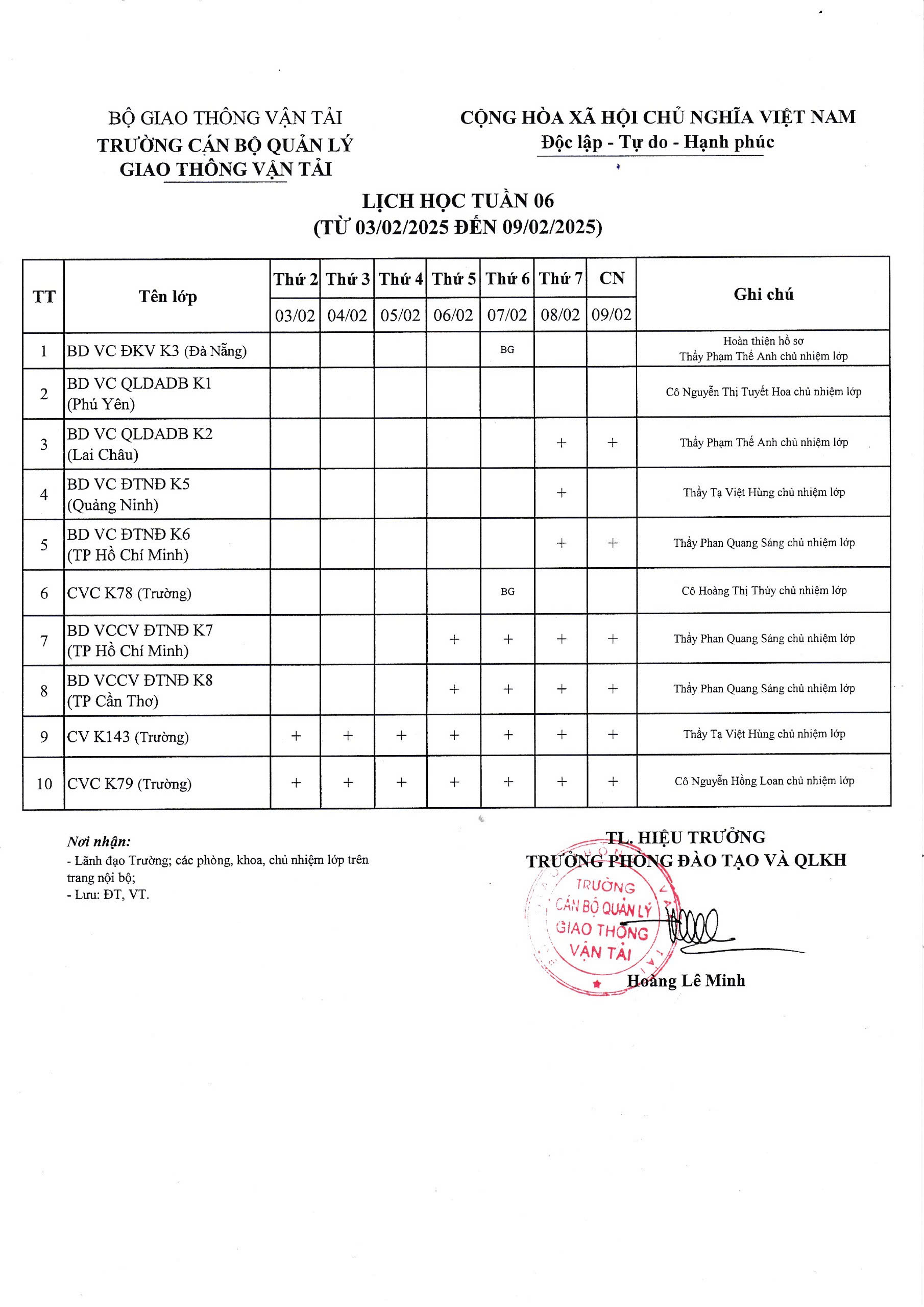 Lịch học tuần 06 từ 03/02/2025 đến 09/02/2025
