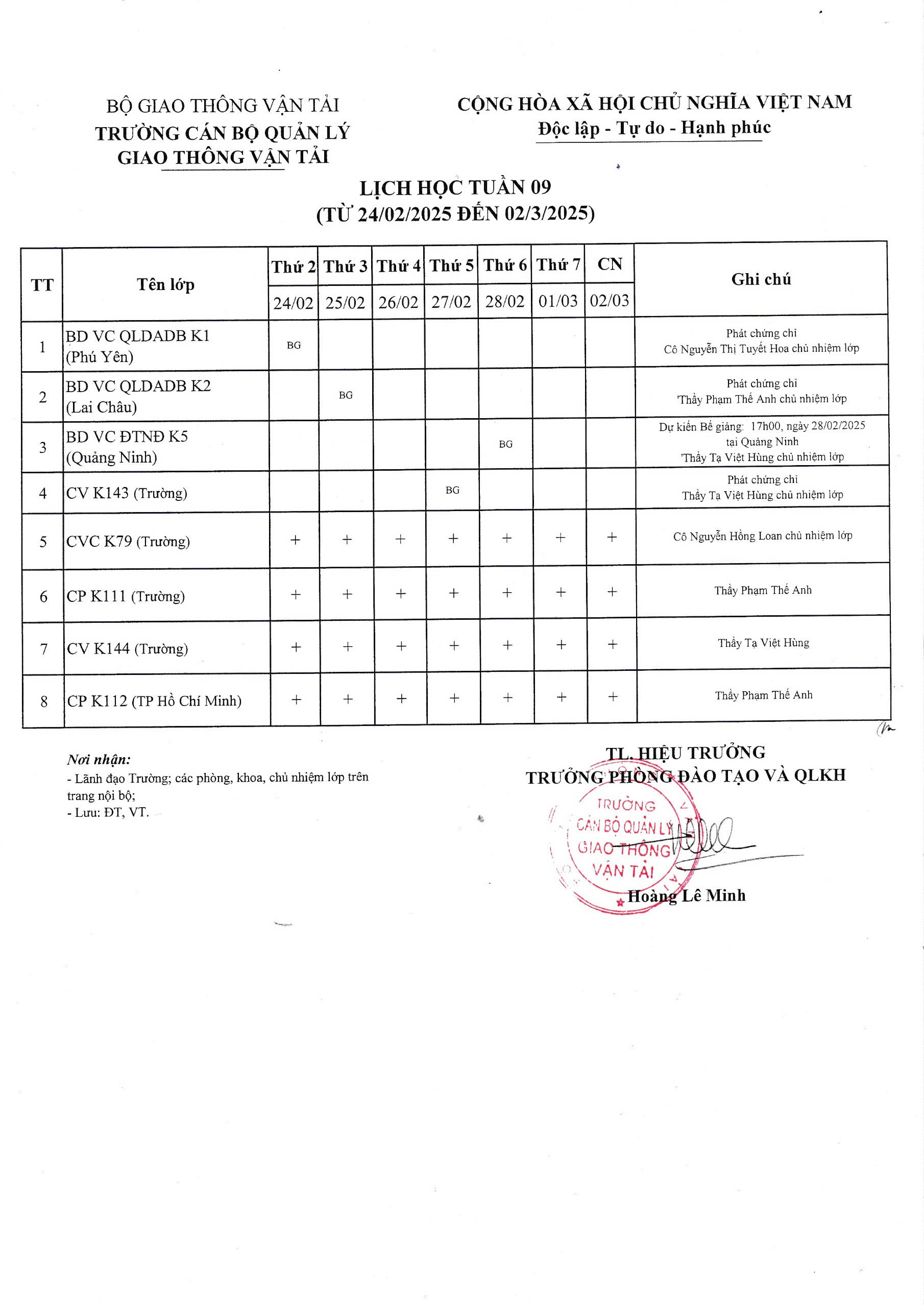 Lịch học tuần 09 từ 24/02/2025 đến 02/03/2025