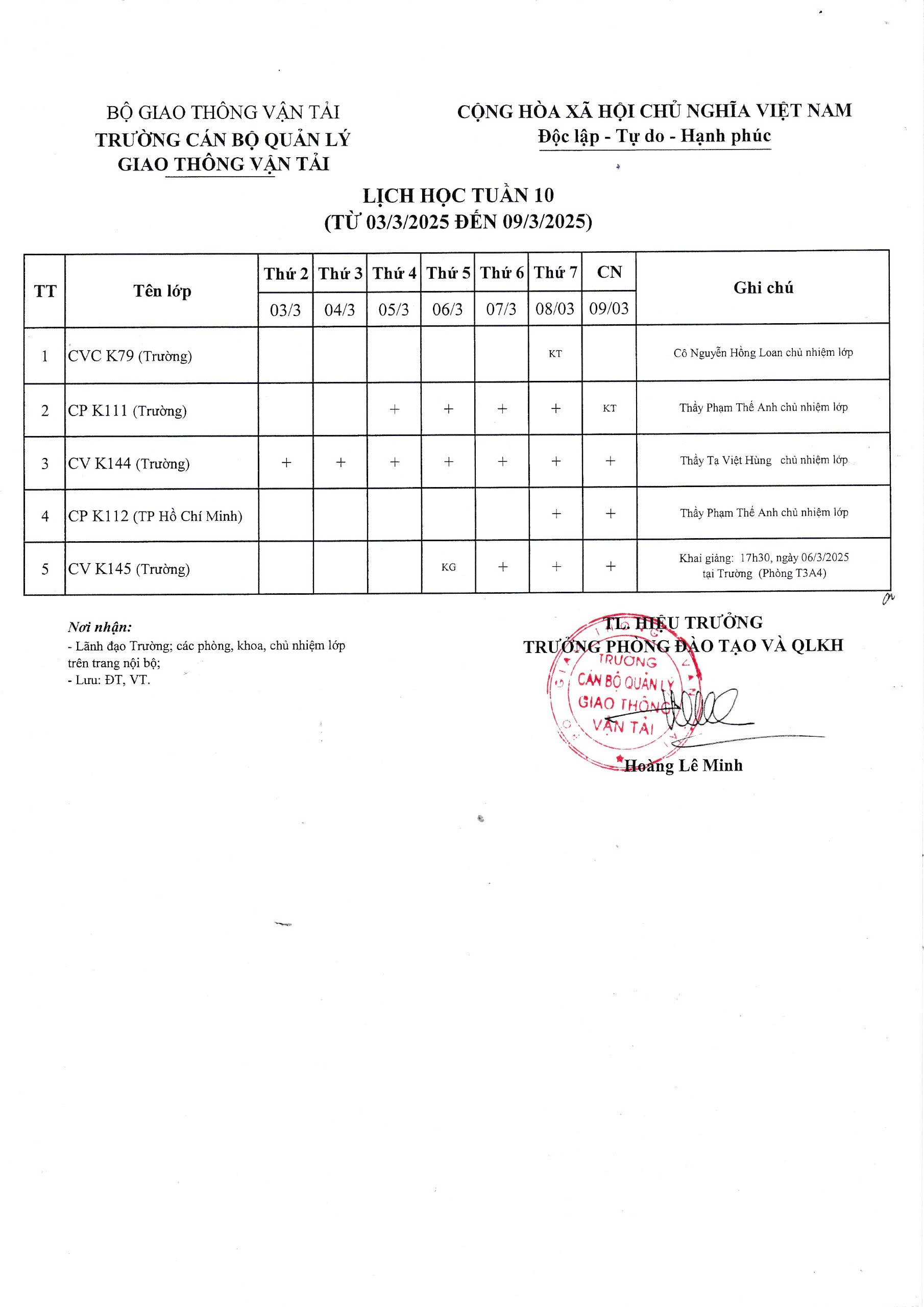 Lịch học tuần 10 từ 03/3/2025 đến 09/3/2025
