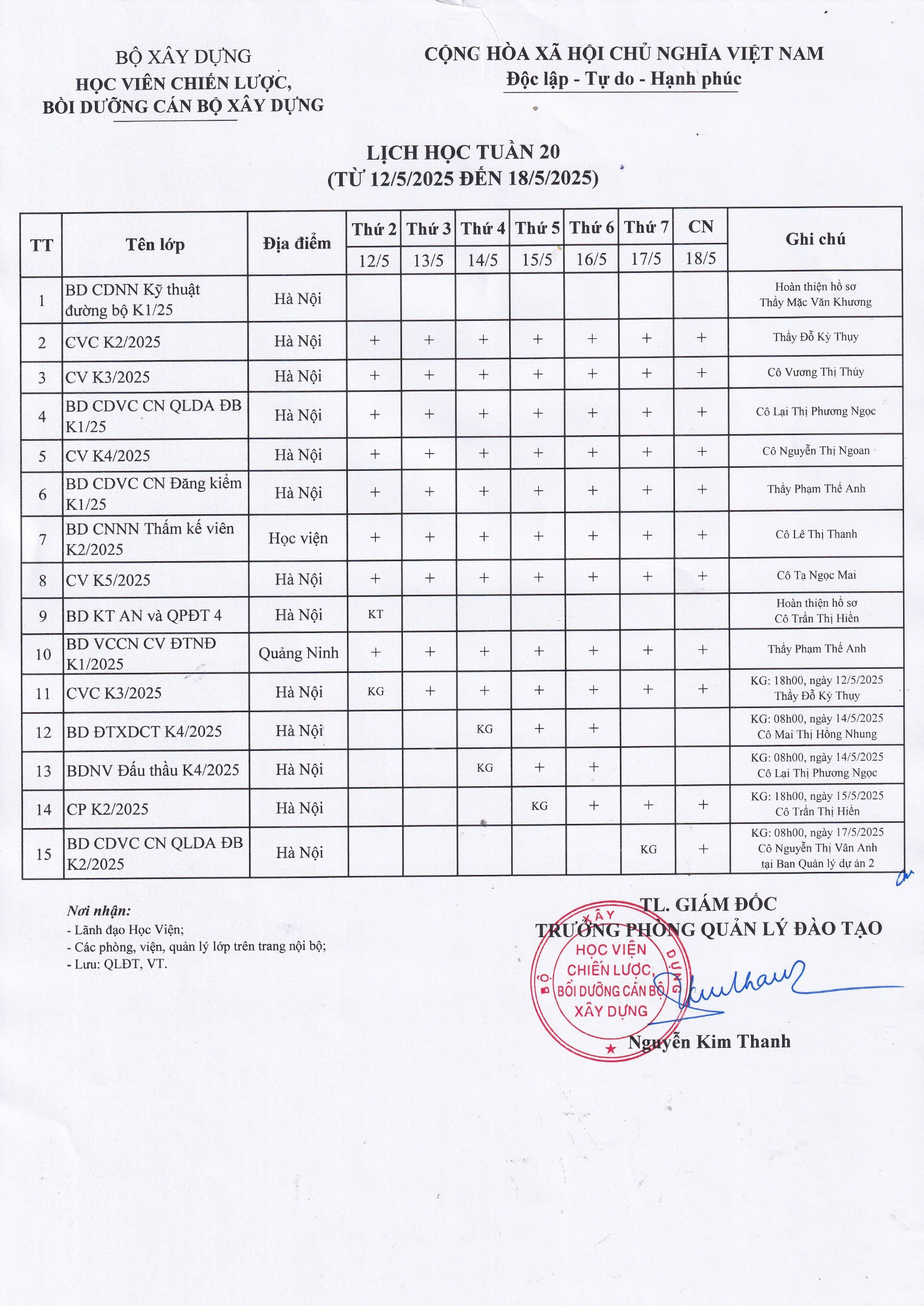 Lịch học tuần 20 từ 12/5/2025 đến 18/5/2025
