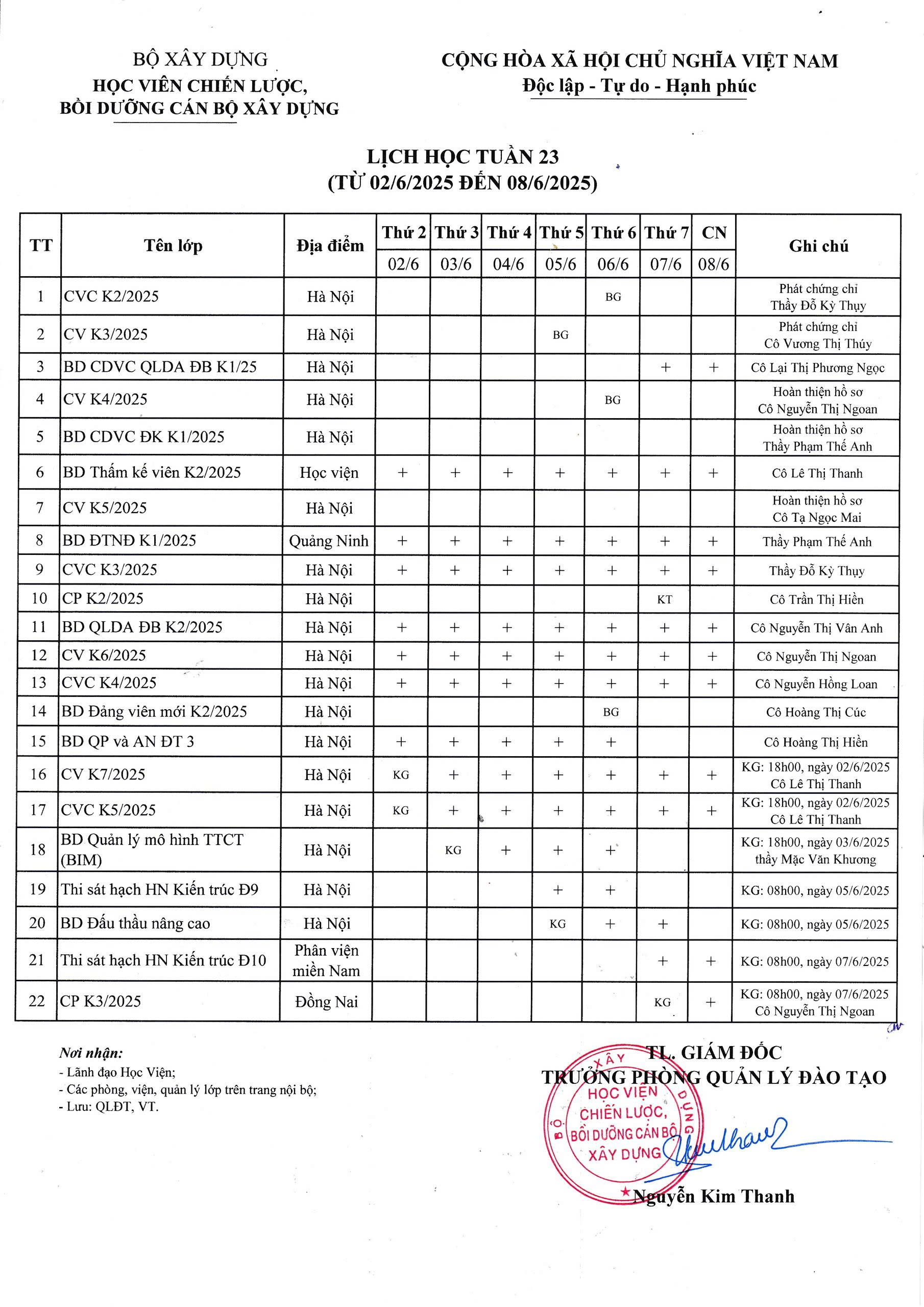 Lịch học tuần 23 từ 02/6/2025 đến 08/6/2025