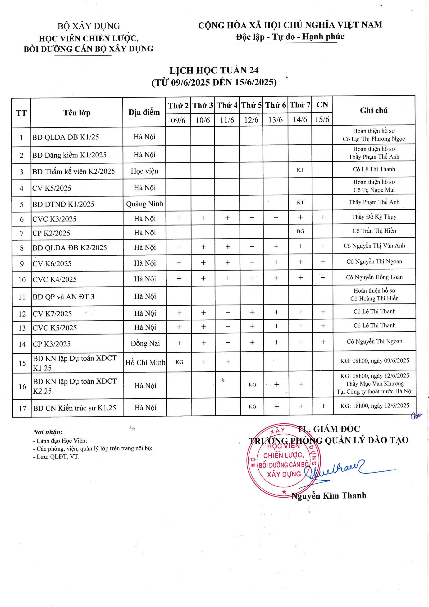 Lịch học tuần 24 từ 09/6/2025 đến 15/6/2025