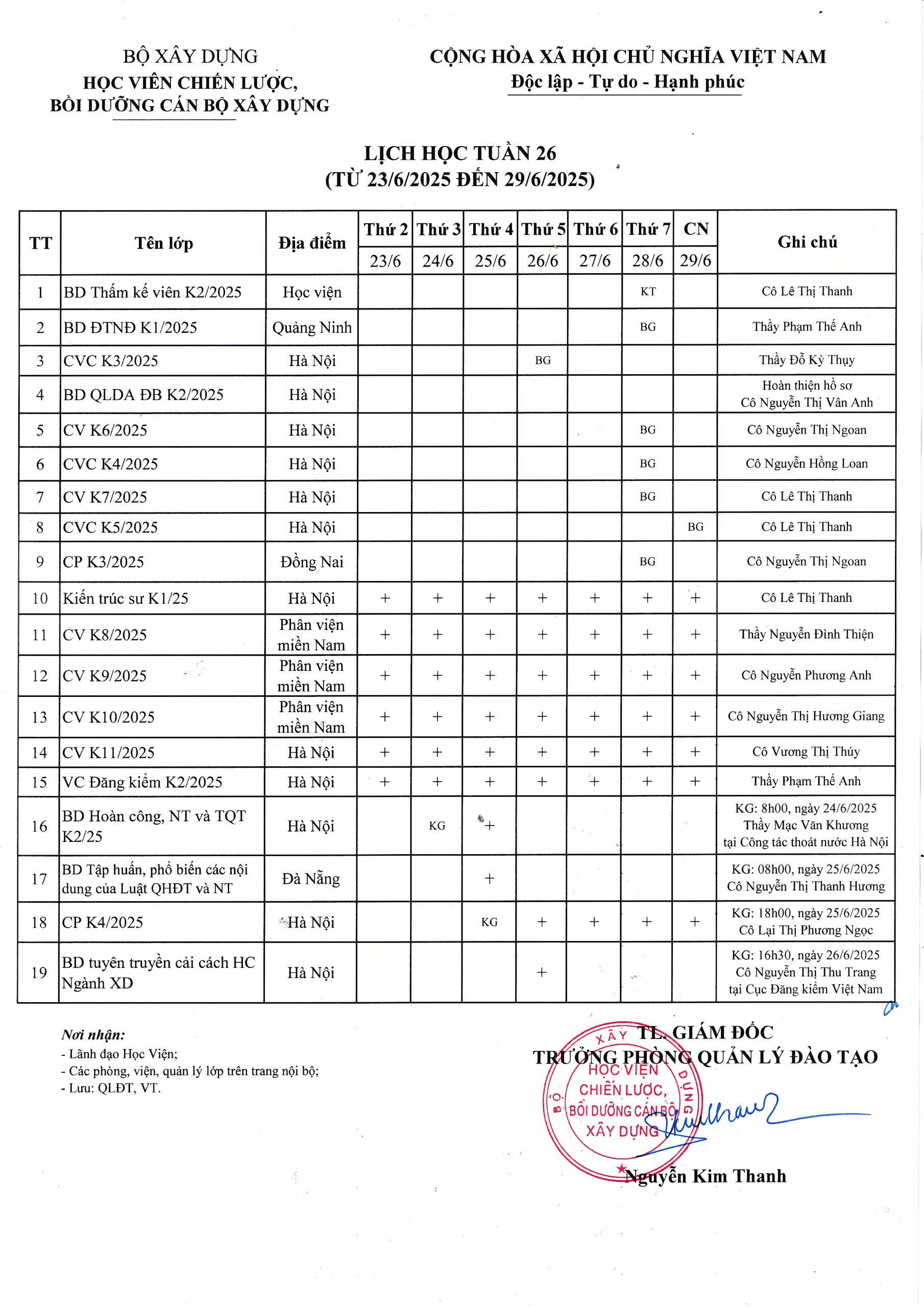 Lịch học tuần 26 từ 23/6/2025 đến 29/6/2025