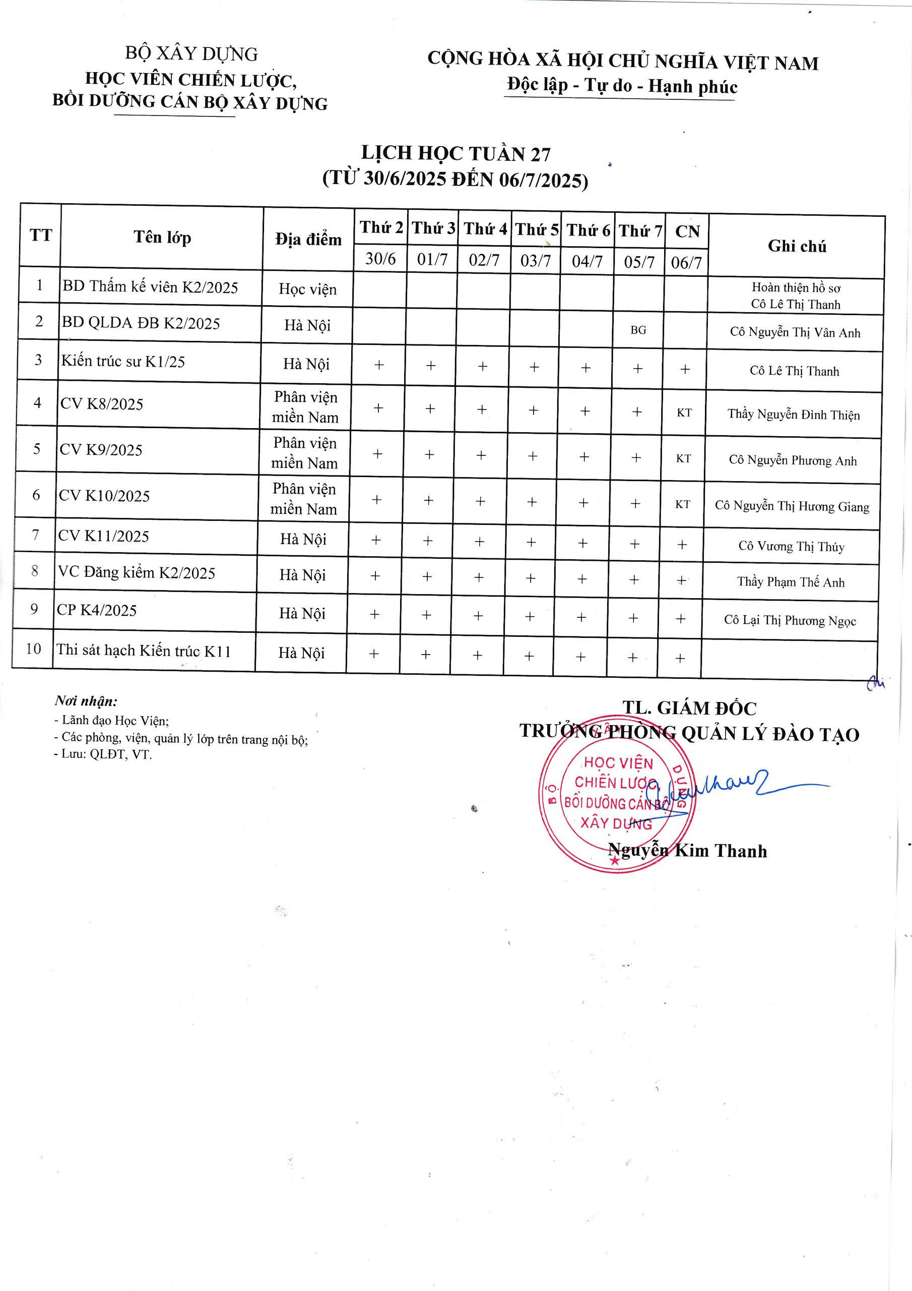 Lịch học tuần 27 từ 30/6/2025 đến 06/7/2025