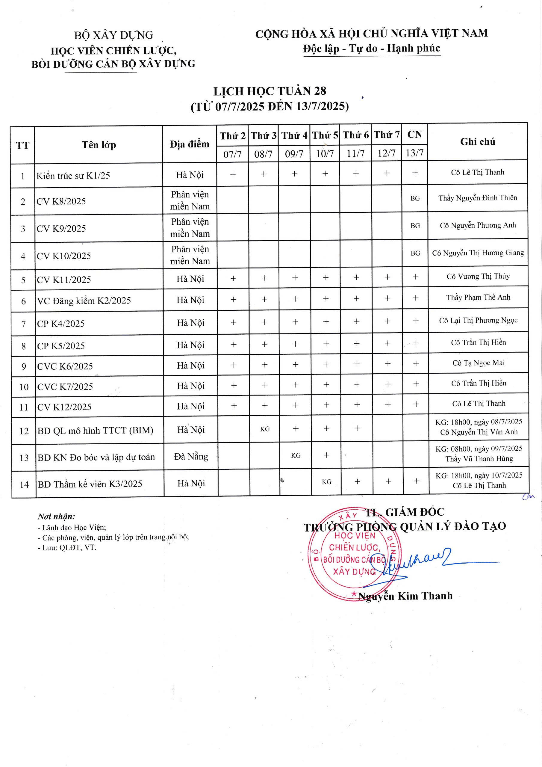 Lịch học tuần 28 từ 07/7/2025 đến 13/7/2025