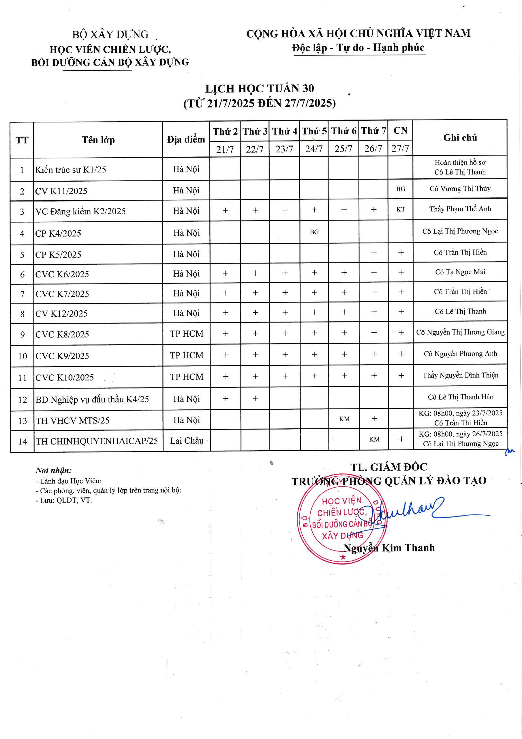 Lịch học tuần 30 từ ngày 20/7/2025 đến ngày 27/7/2025