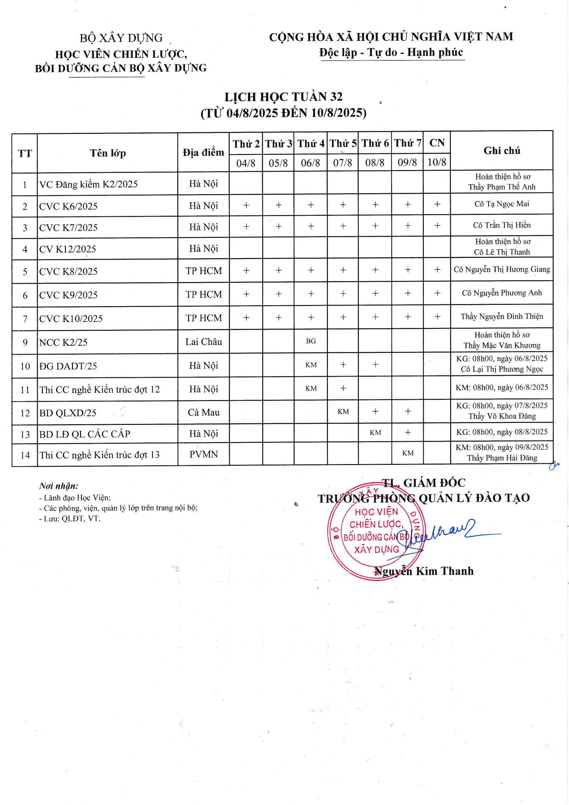 Lịch học tuần 32 từ ngày 4/8/2025 đến ngày 10/8/2025