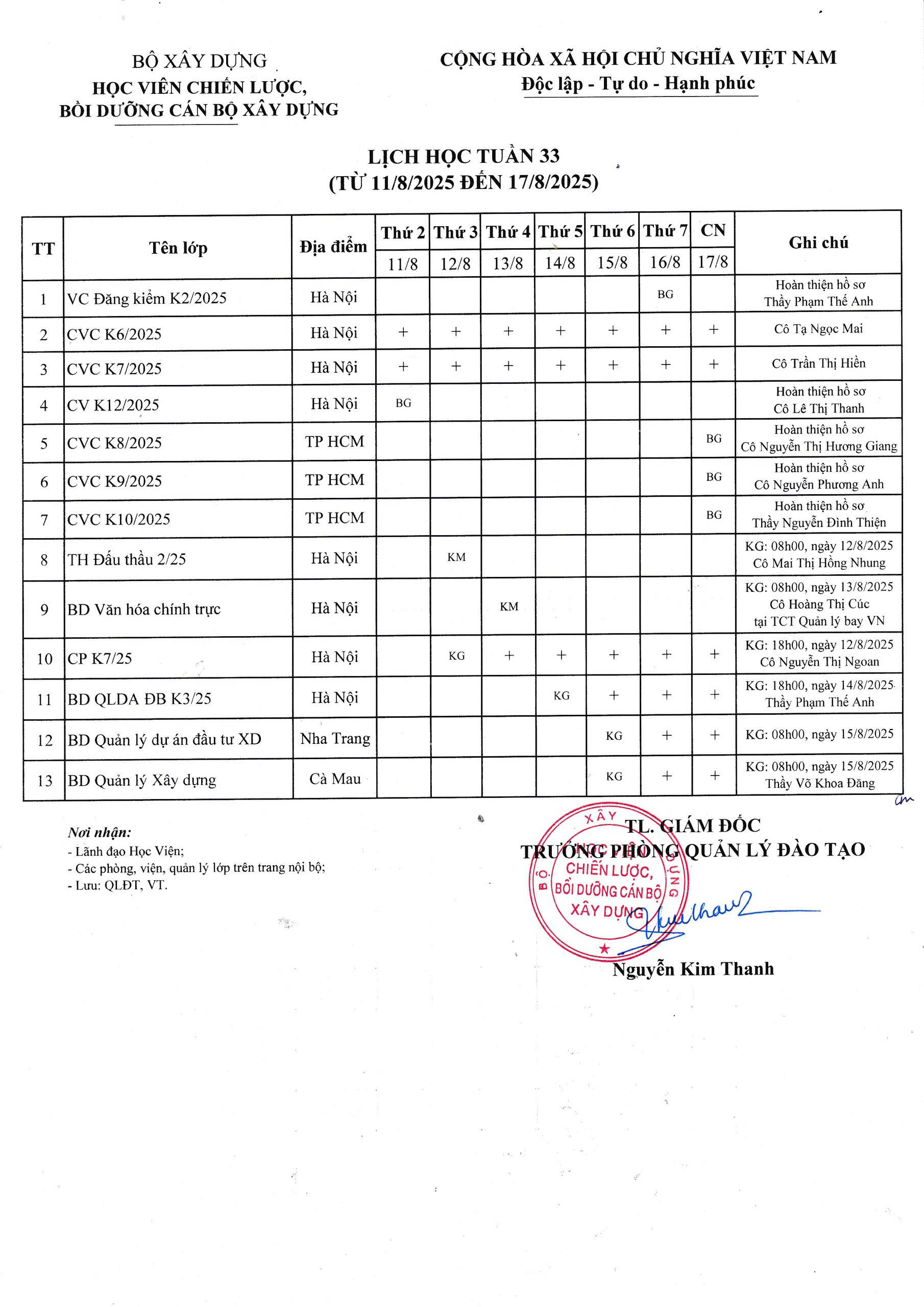 Lịch học tuần 33 từ 11/8/2025 đến 17/8/2025