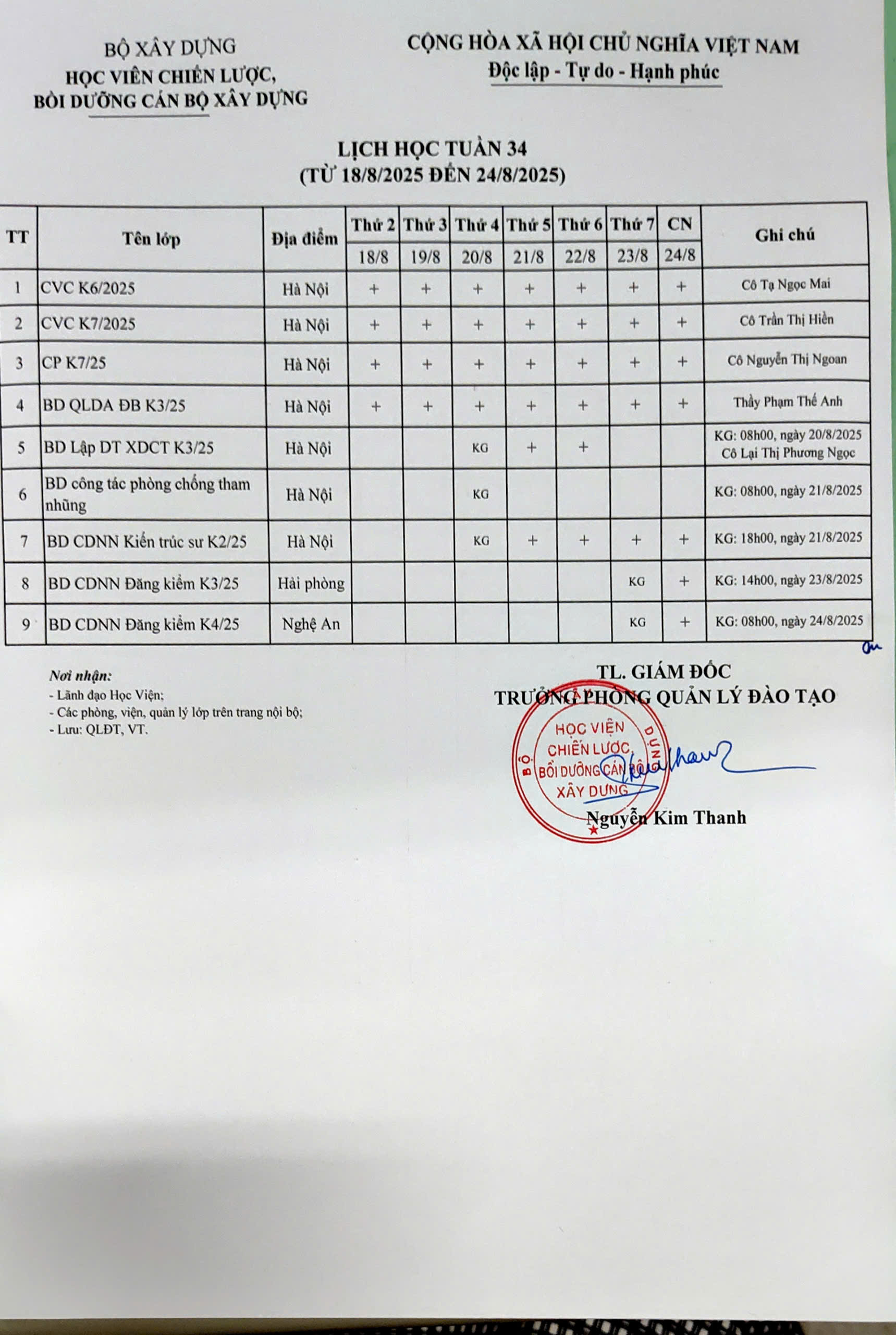 Lịch học tuần 34 từ 18/8/2025 đến 24/8/2025