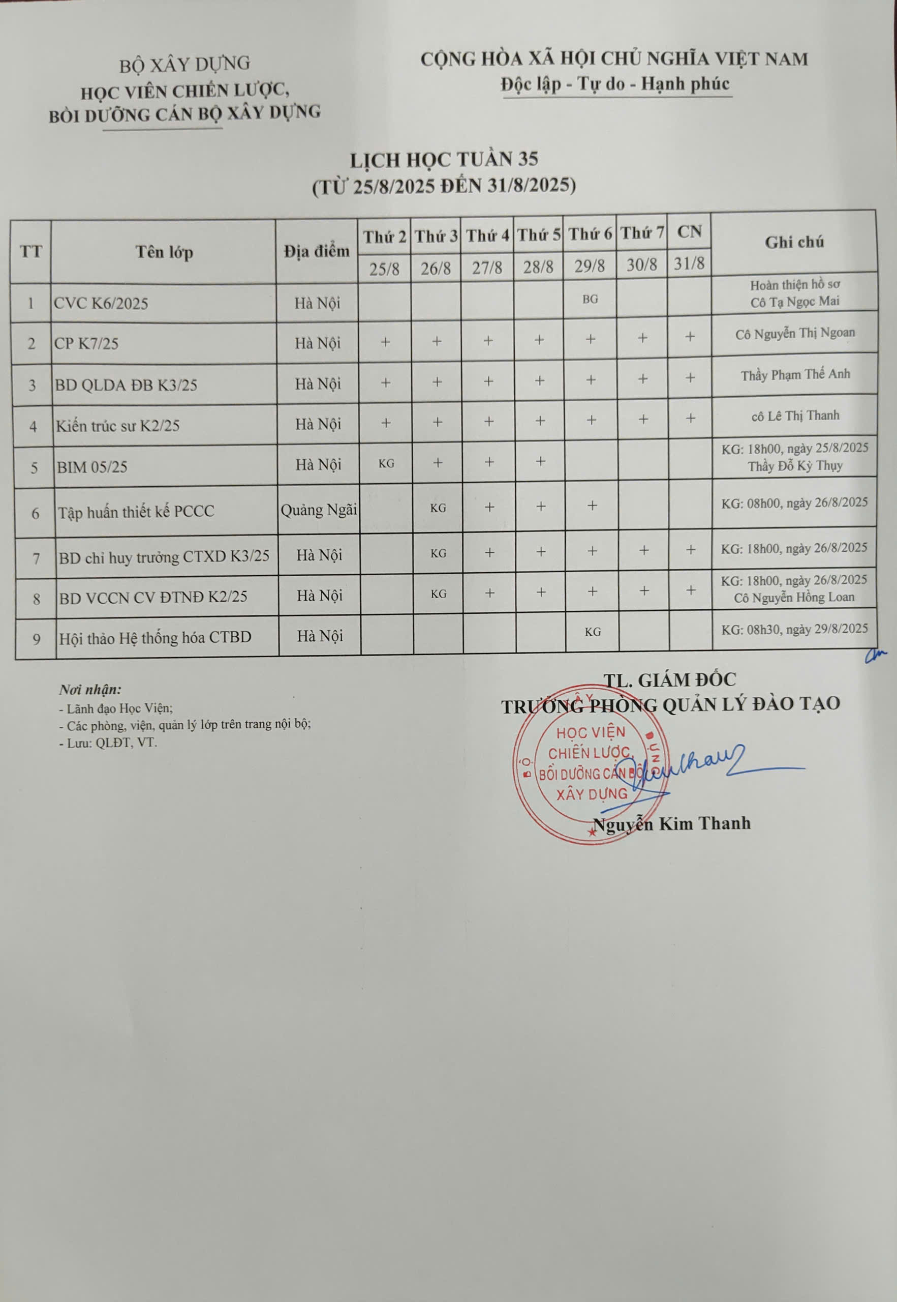 Lịch học tuần 35 từ 25/8/2025 đến 31/8/2025