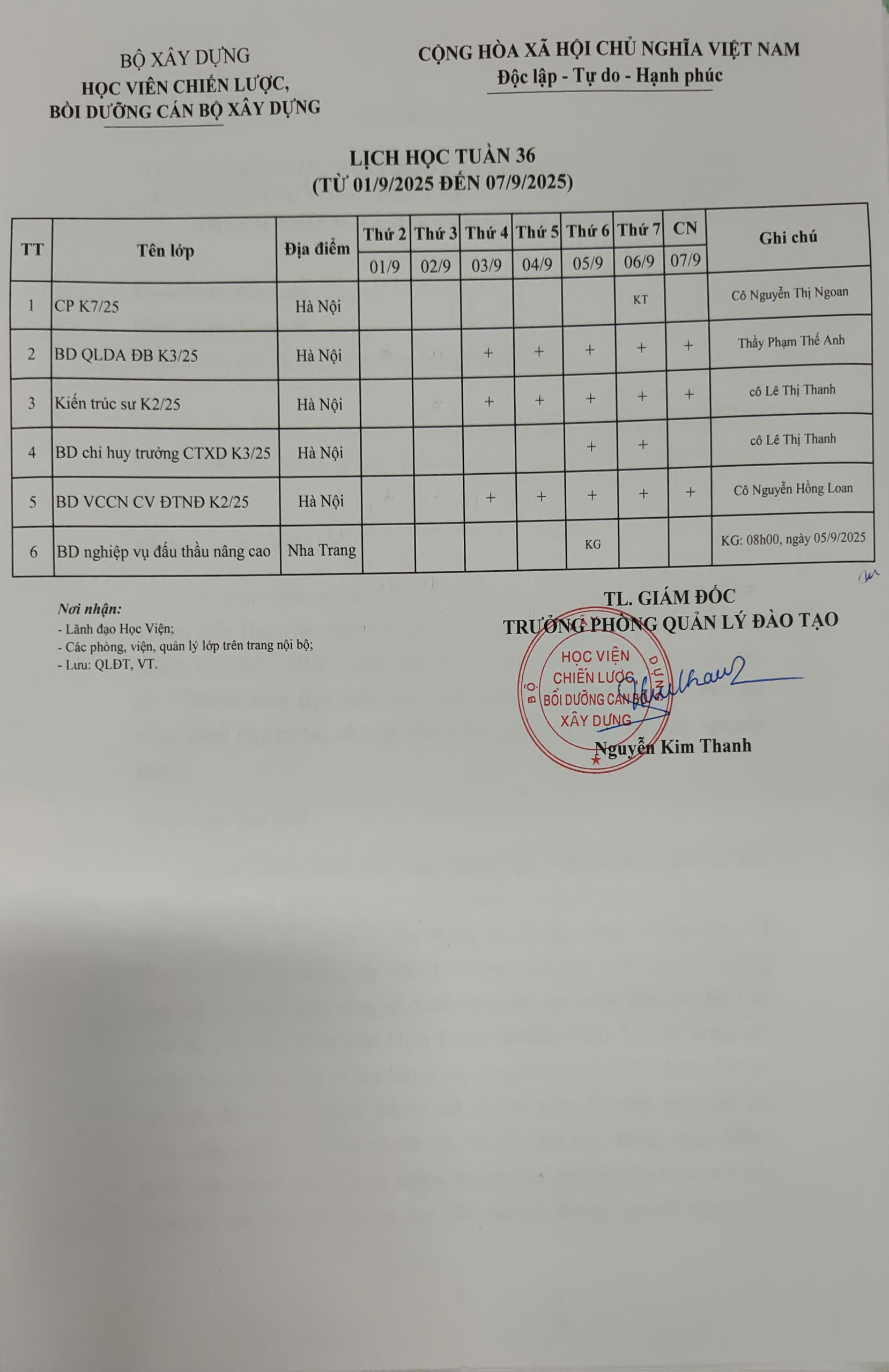 Lịch học tuần 36 từ 1/9/2025 đến 7/9/2025