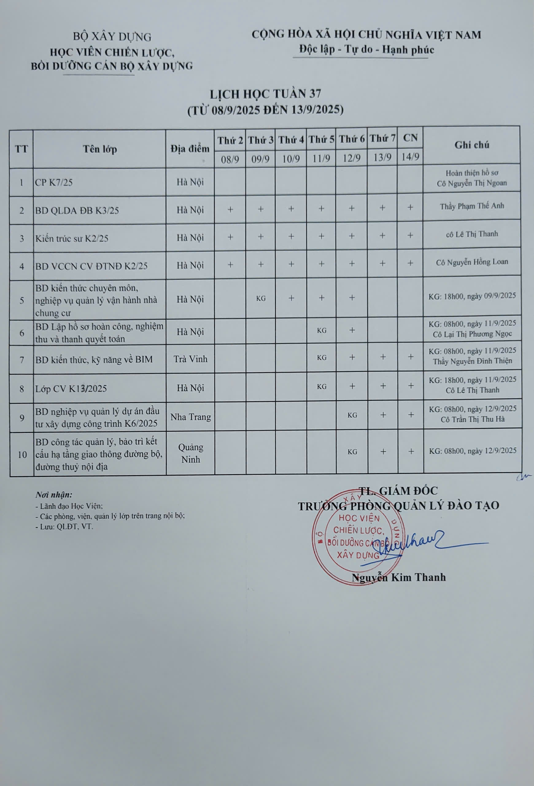 Lịch học tuần 37 từ 8/9/2025 đến 14/9/2025