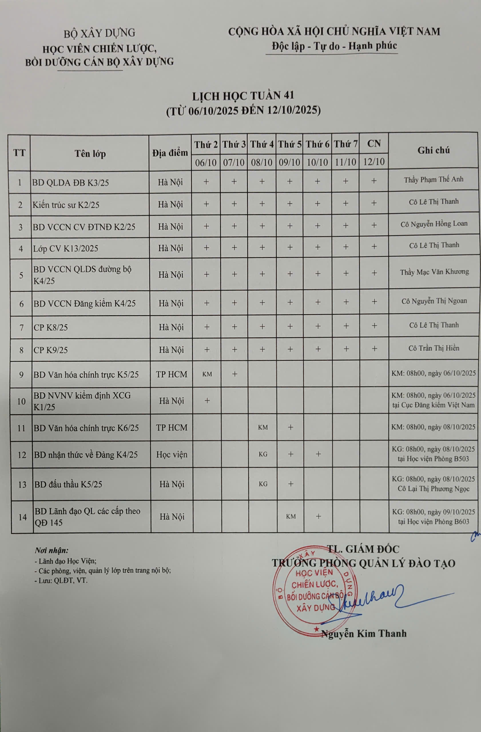 Lịch học tuần 39 từ 22/9/2025 đến 28/9/2025