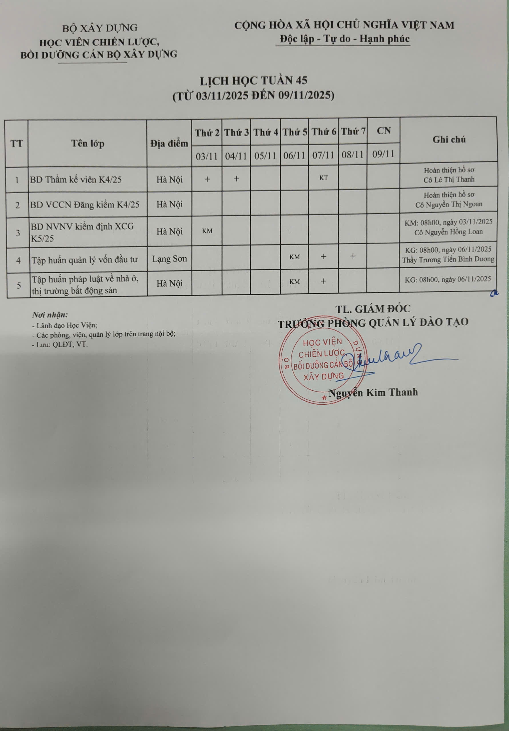 Lịch học tuần 45 từ 03/11/2025 đến 09/11/2025