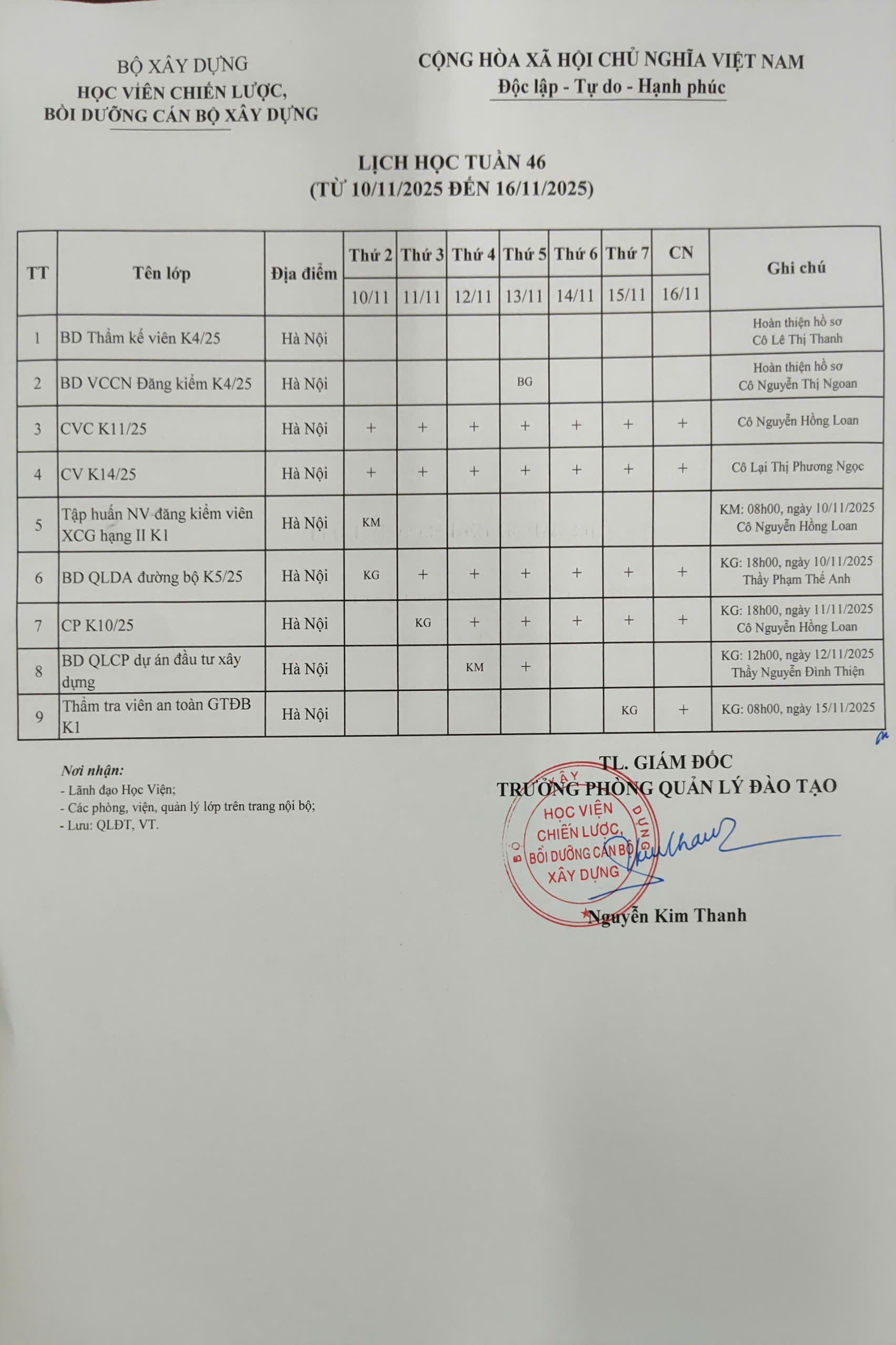 Lịch học tuần 46 từ 10/11/2025 đến 16/11/2025