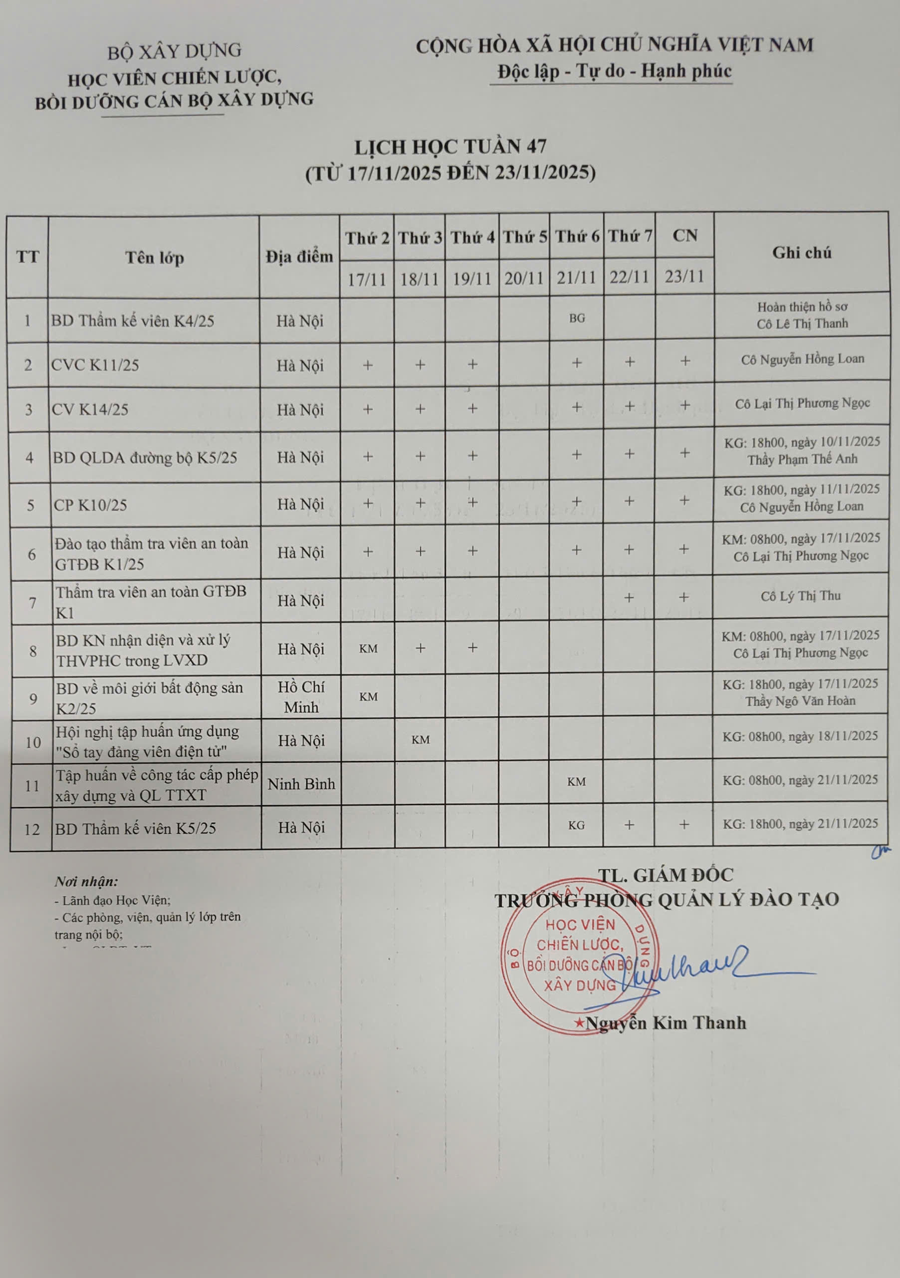 Lịch học tuần 47 từ 17/11/2025 đến 23/11/2025