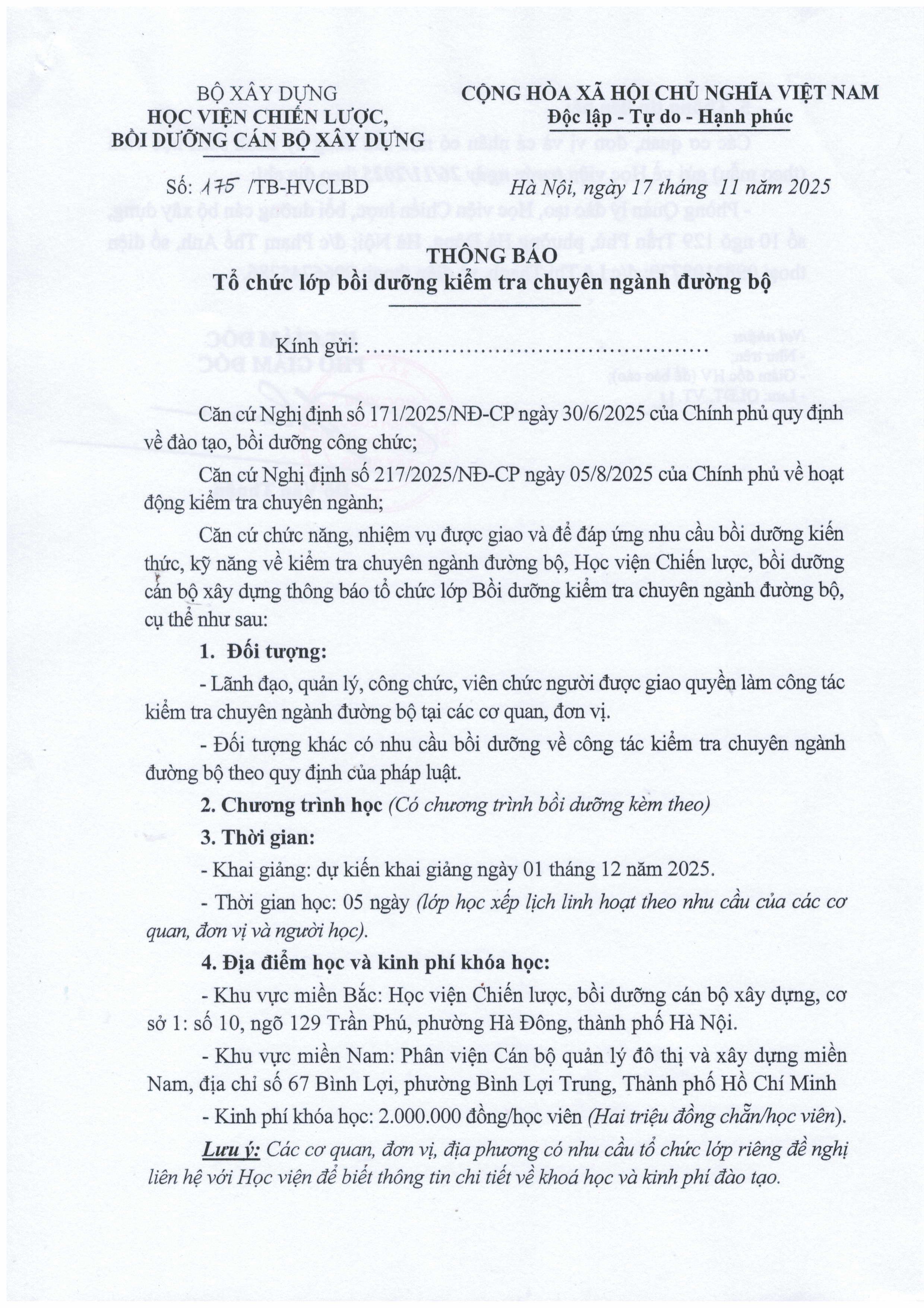 Tổ chức lớp bồi dưỡng kiểm tra chuyên ngành đường bộ