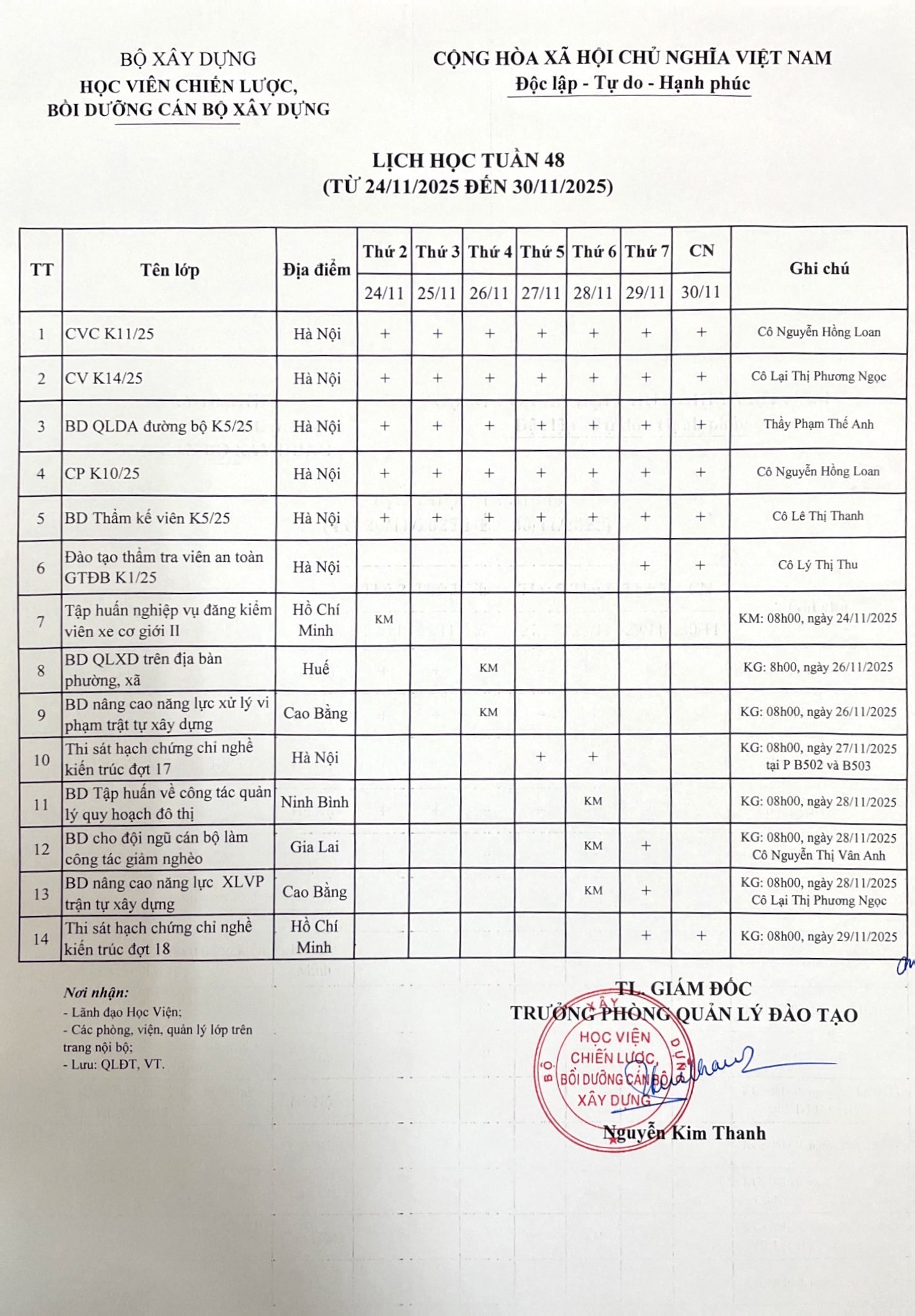 Lịch học tuần 48 từ 24/11/2025 đến 30/11/2025