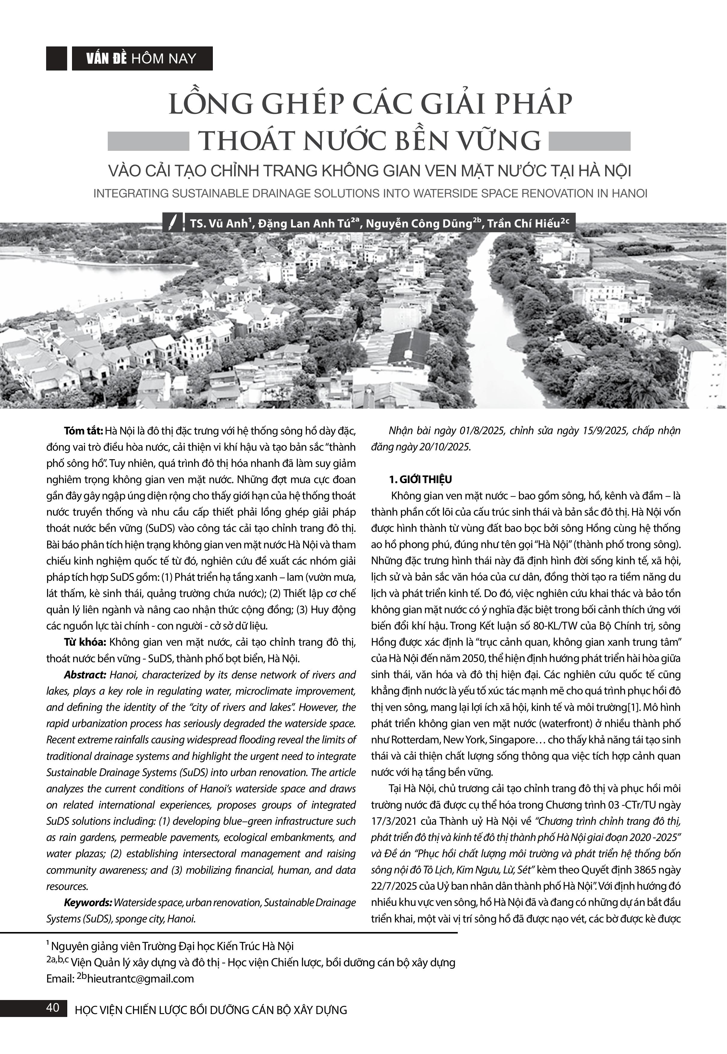 Lồng ghép các giải pháp thoát nước bền vững vào cải tạo chỉnh trang không gian ven mặt nước tại Hà Nội