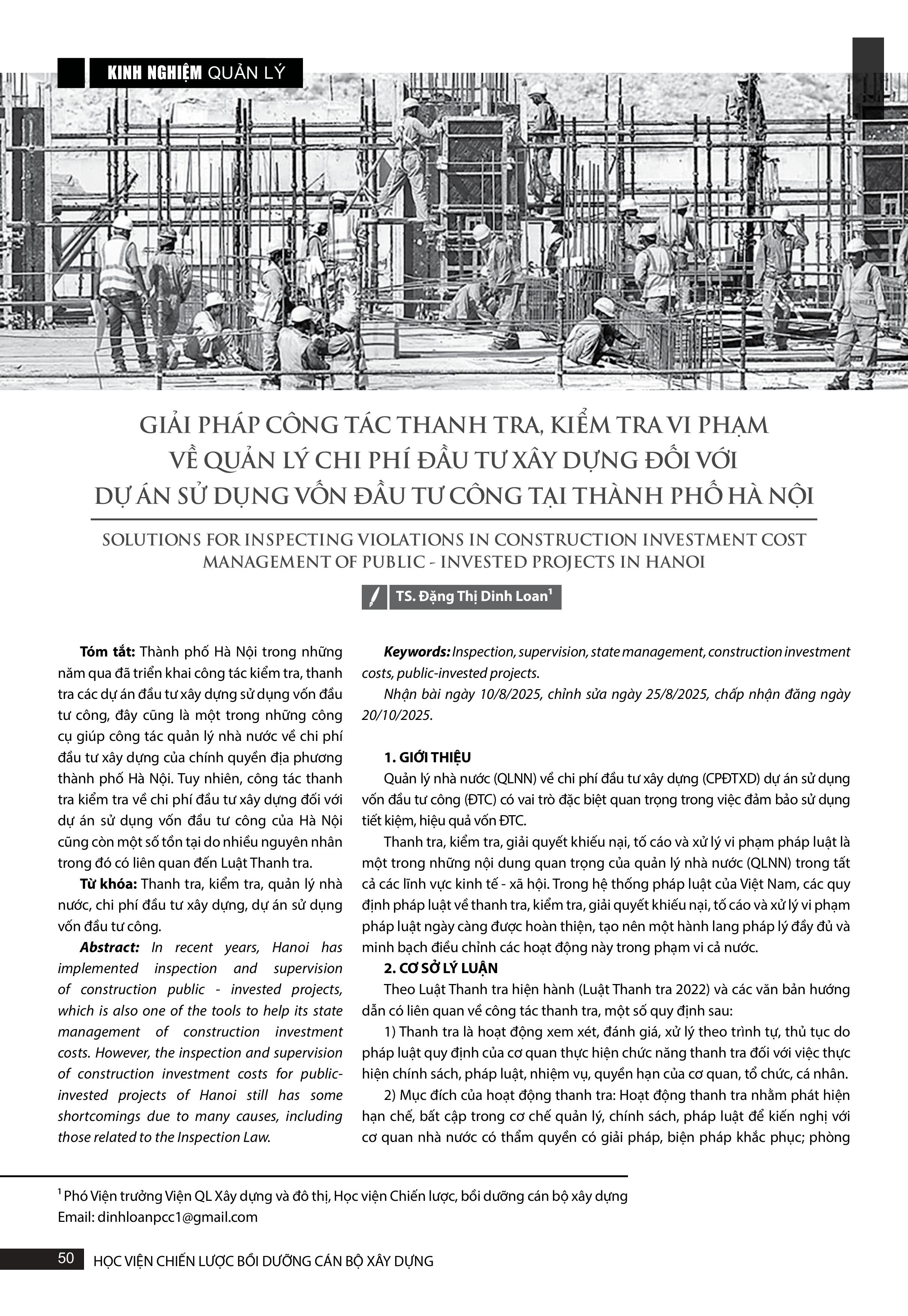 Giải pháp công tác thanh tra, kiểm tra vi phạm về quản lý chi phí đầu tư xây dựng đối với dự án sử dụng vốn đầu tư công tại thành phố Hà Nội