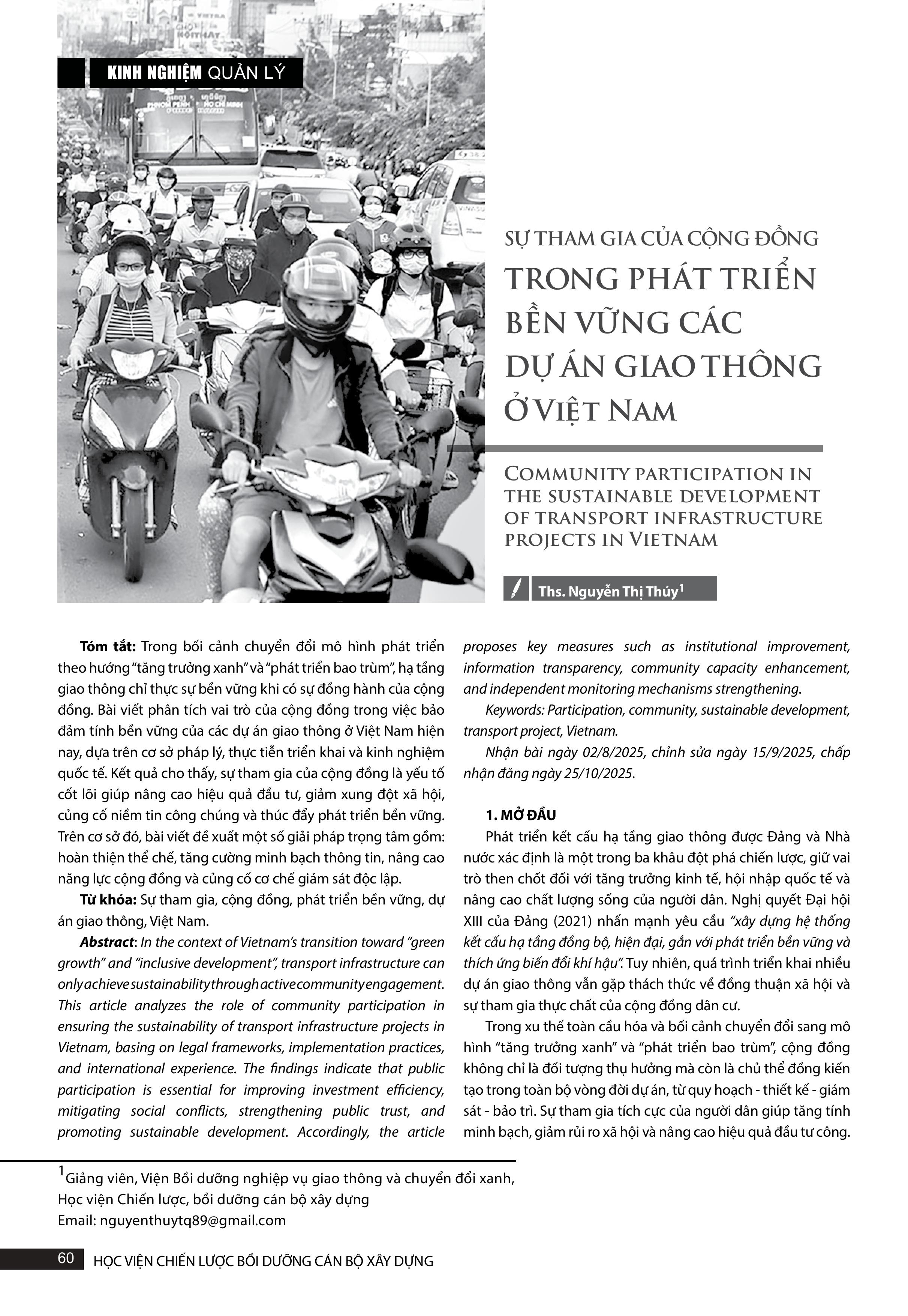 Sự tham gia của cộng đồng trong phát triển bền vững các dự án giao thông ở Việt Nam