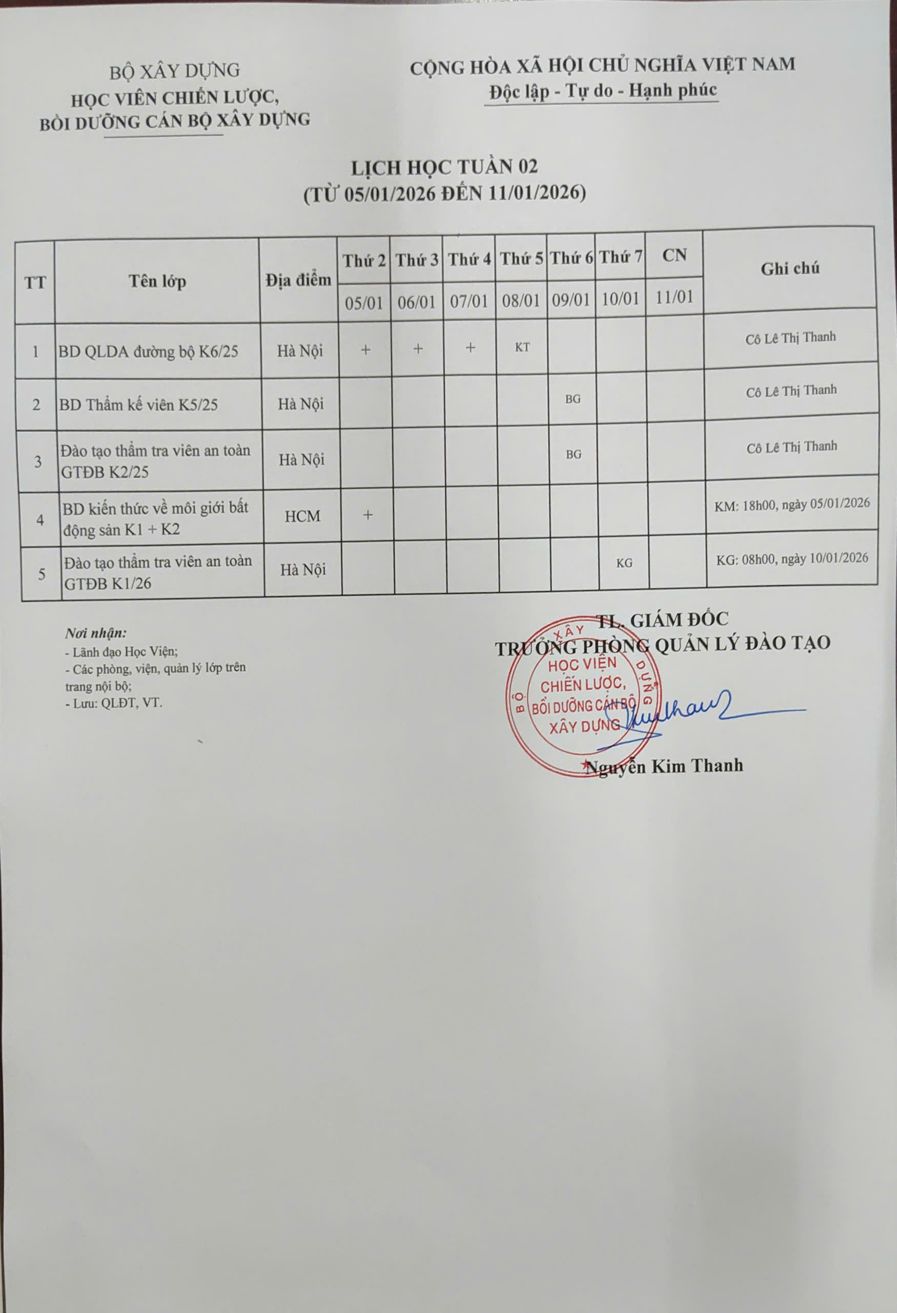 Lịch học tuần 02 từ 05/01/2026 đến 11/01/2026
