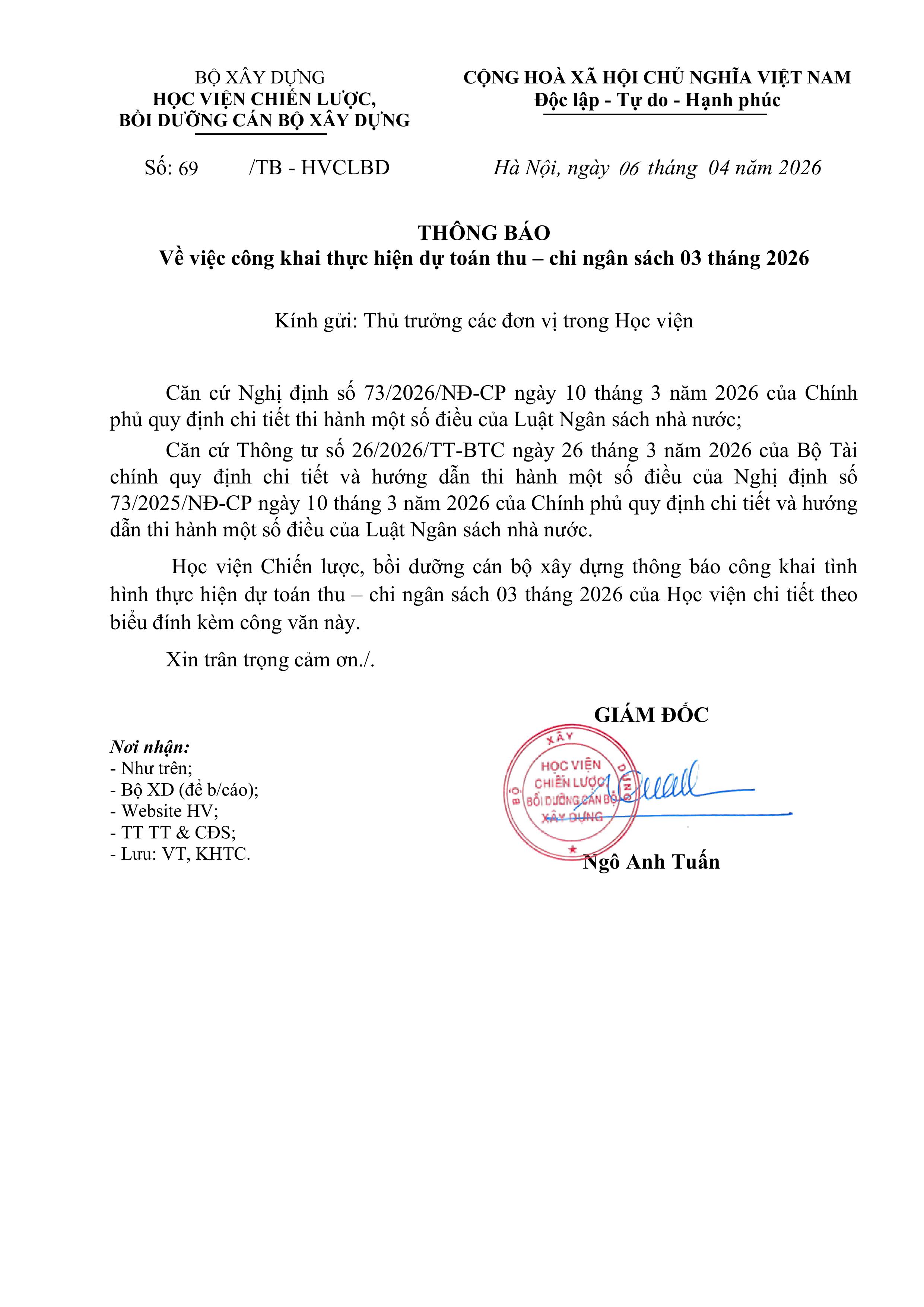 Công khai thực hiện dự toán thu - chi 03 tháng năm 2026