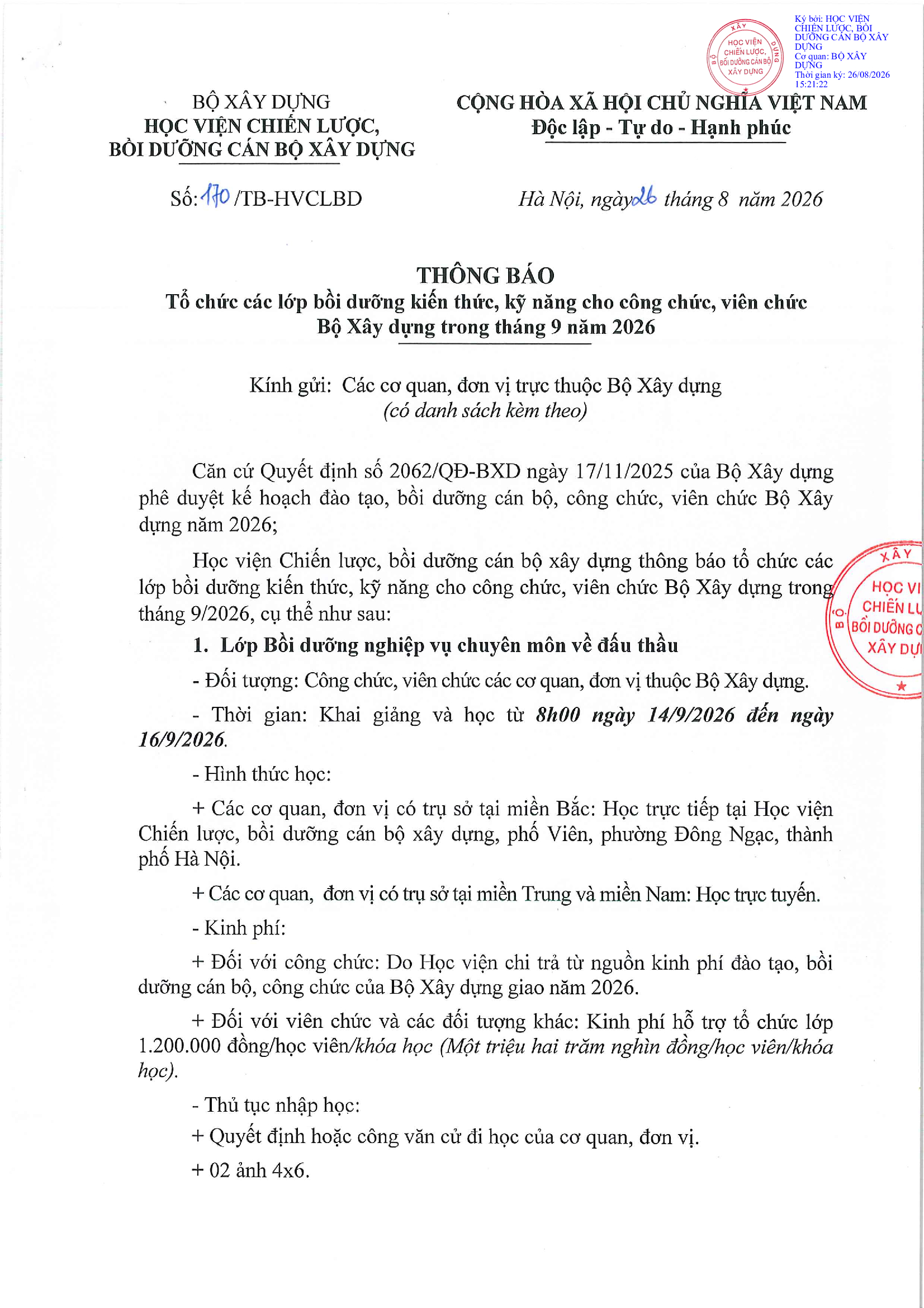 Khai giảng lớp Bồi dưỡng nghiệp vụ chuyên môn về đấu thầu ngày 14/9/2026