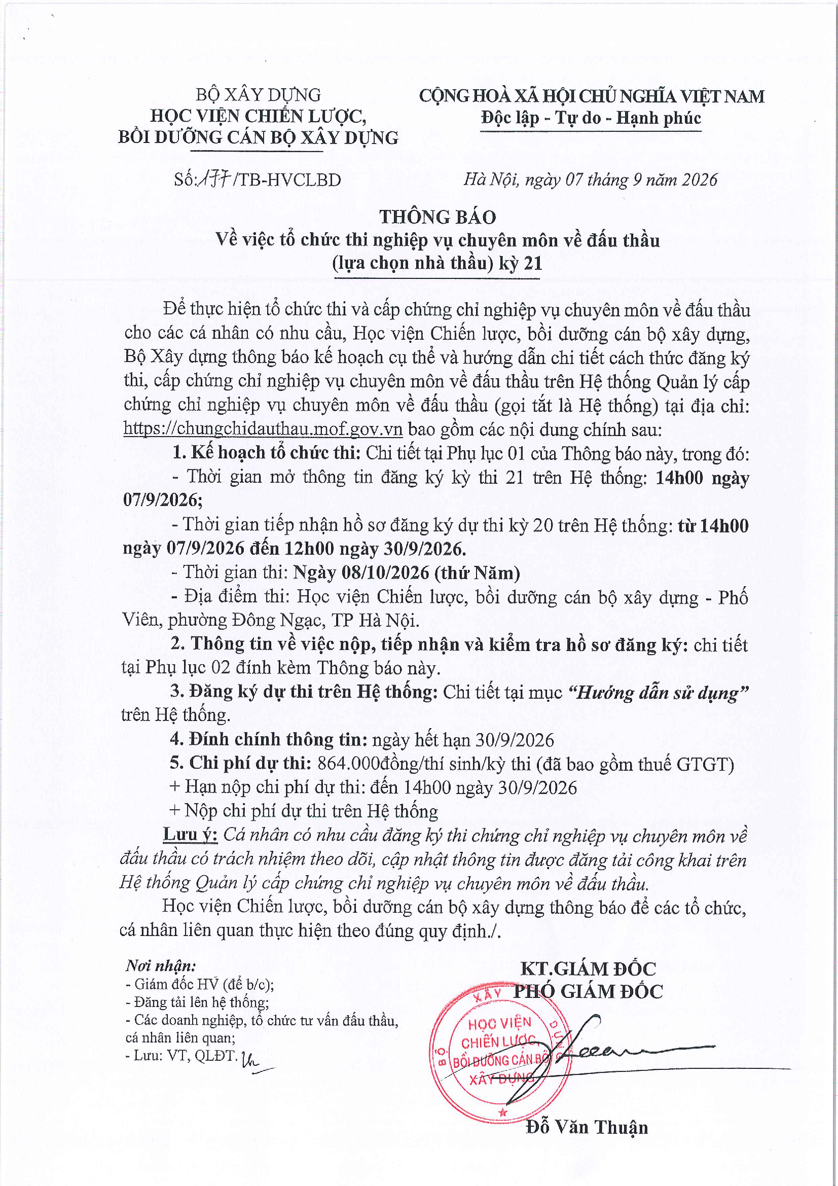 Tổ chức thi nghiệp vụ chuyên môn về đấu thầu kỳ 21 tại Hà Nội. Ngày thi 08/10/2026