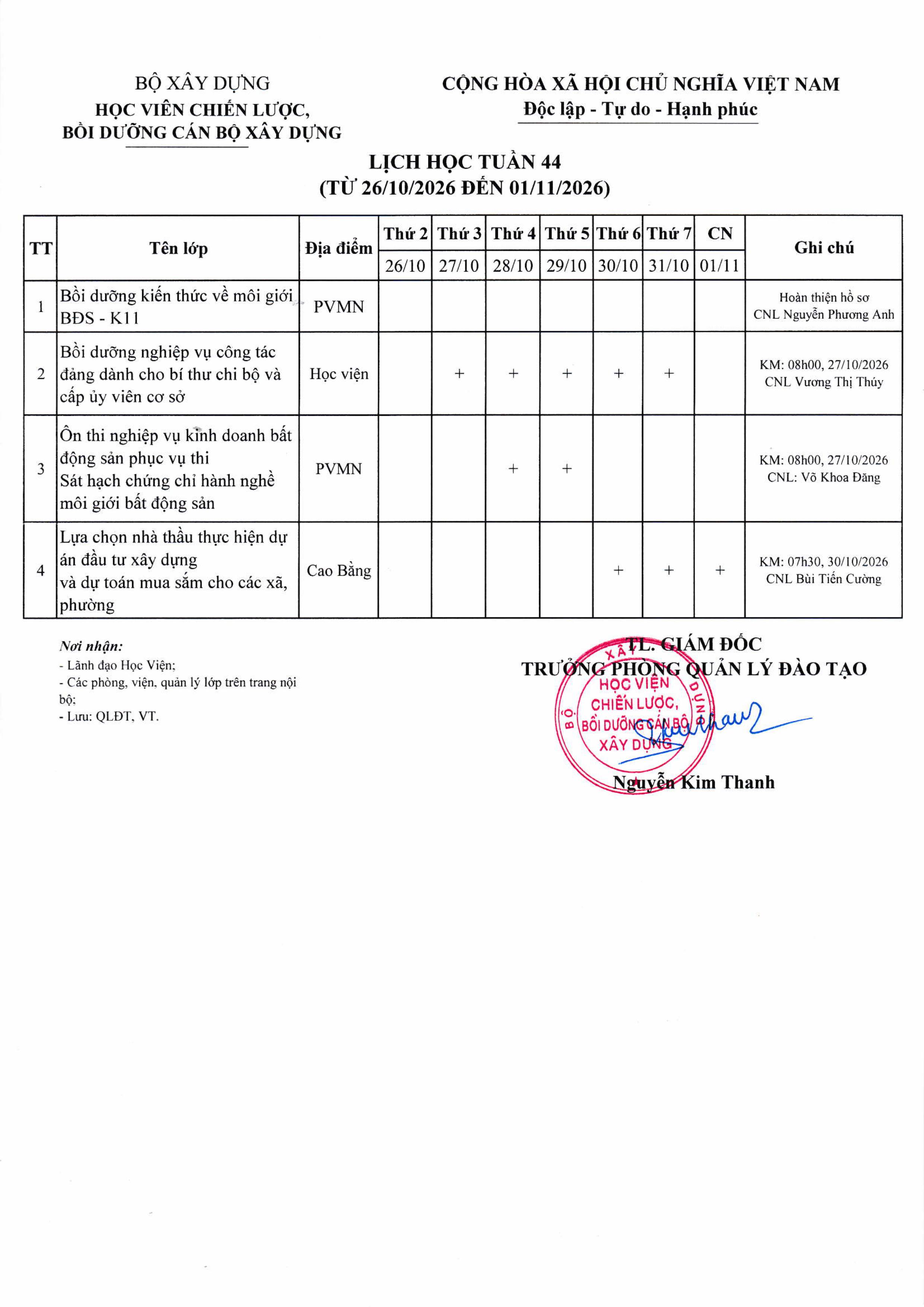 Lịch khai giảng các lớp từ ngày 26/11/2026 - 01/11/2026
